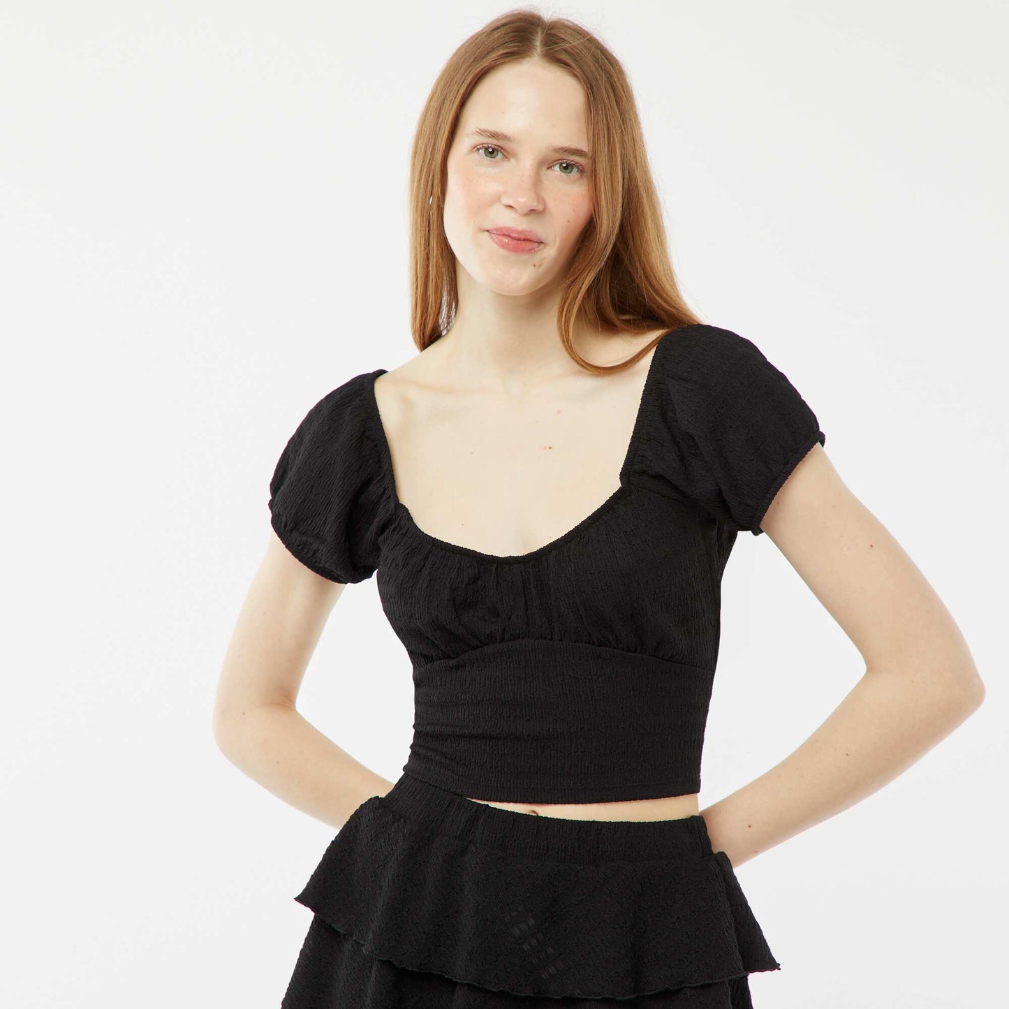 Waffle-knit top with square neck BLACK