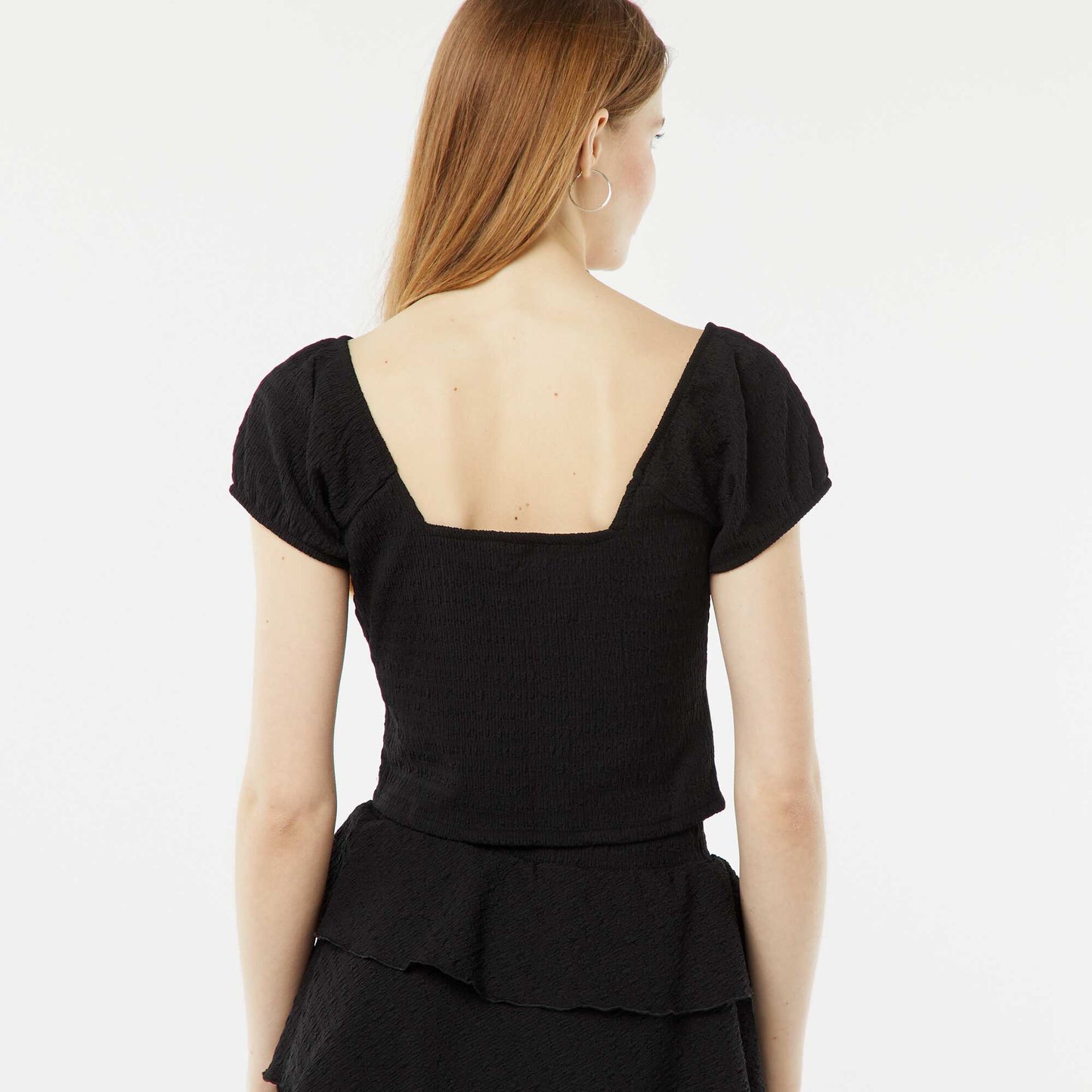 Waffle-knit top with square neck BLACK