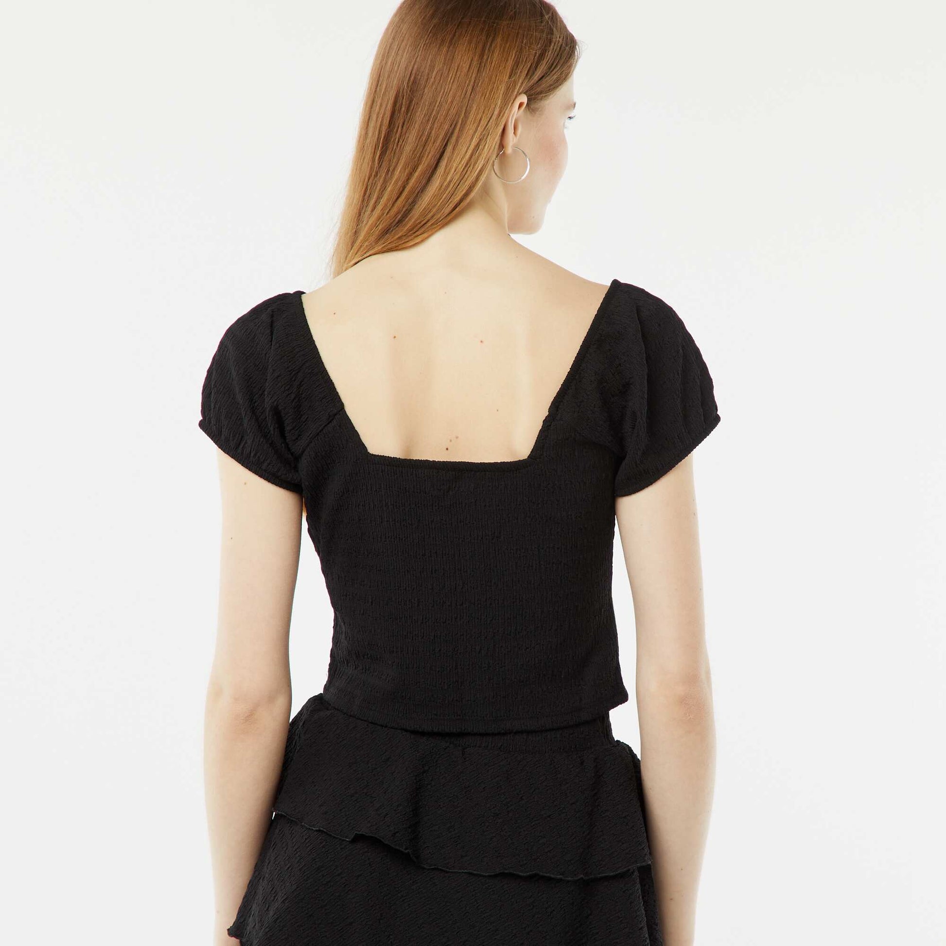 Waffle-knit top with square neck BLACK