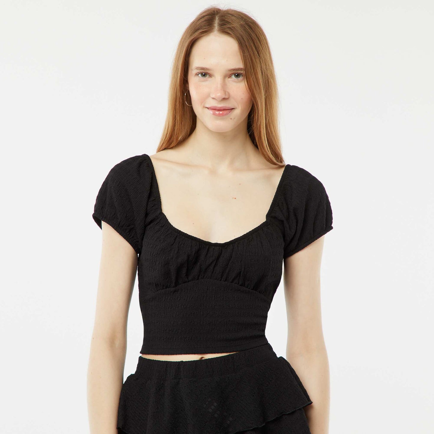 Waffle-knit top with square neck BLACK