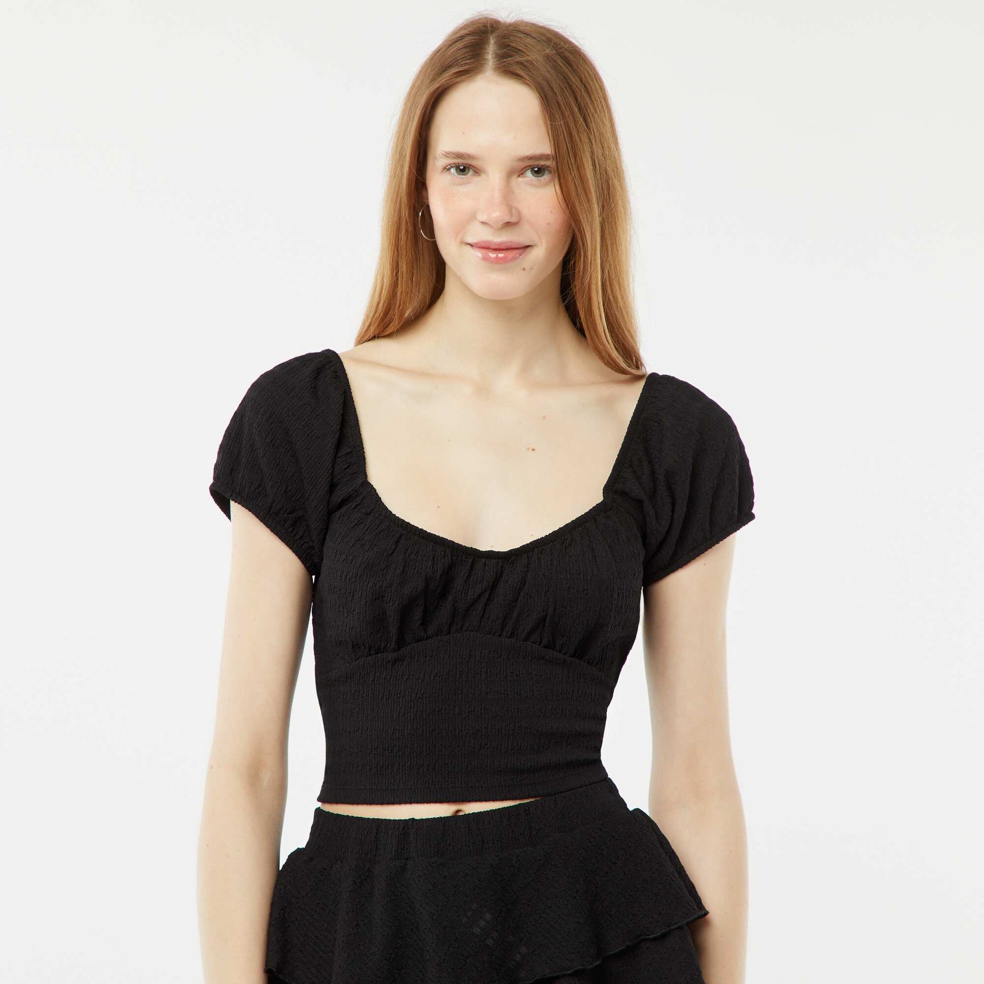 Waffle-knit top with square neck BLACK
