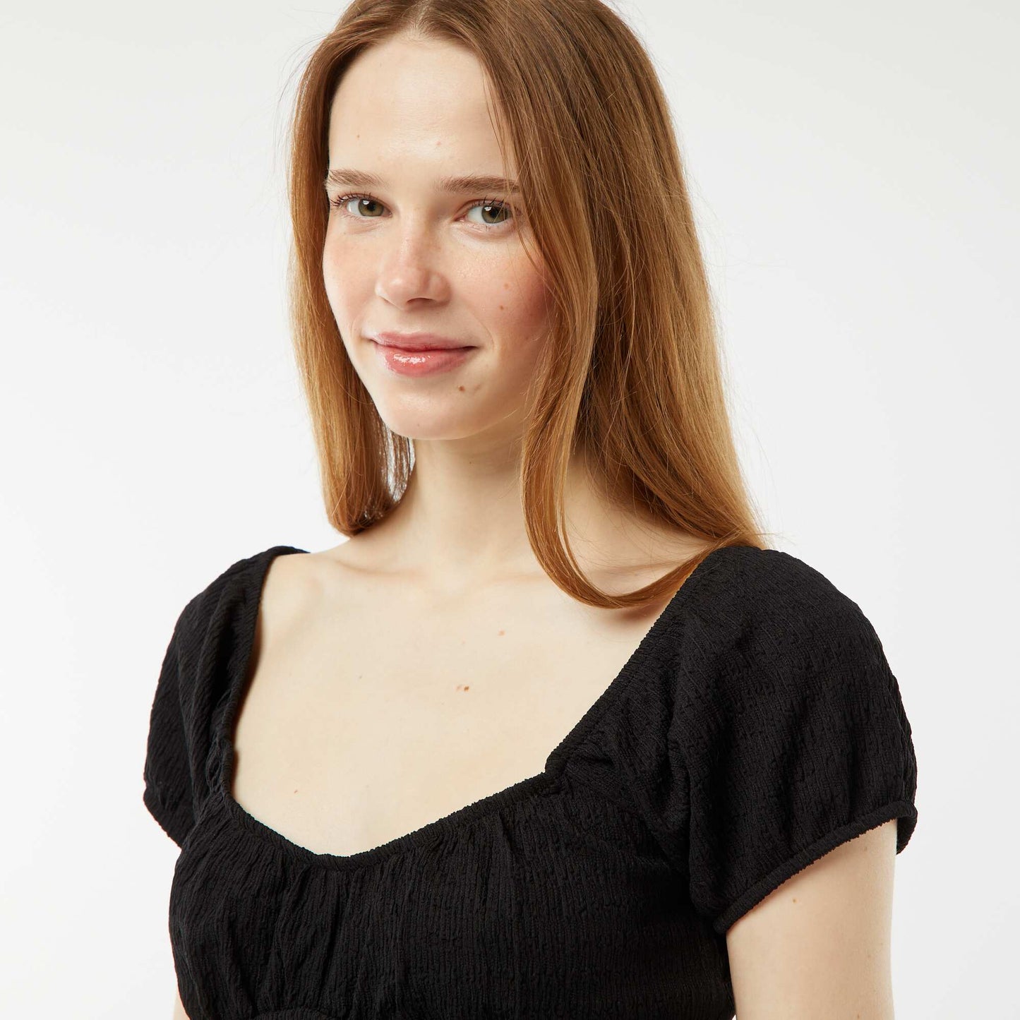 Waffle-knit top with square neck BLACK