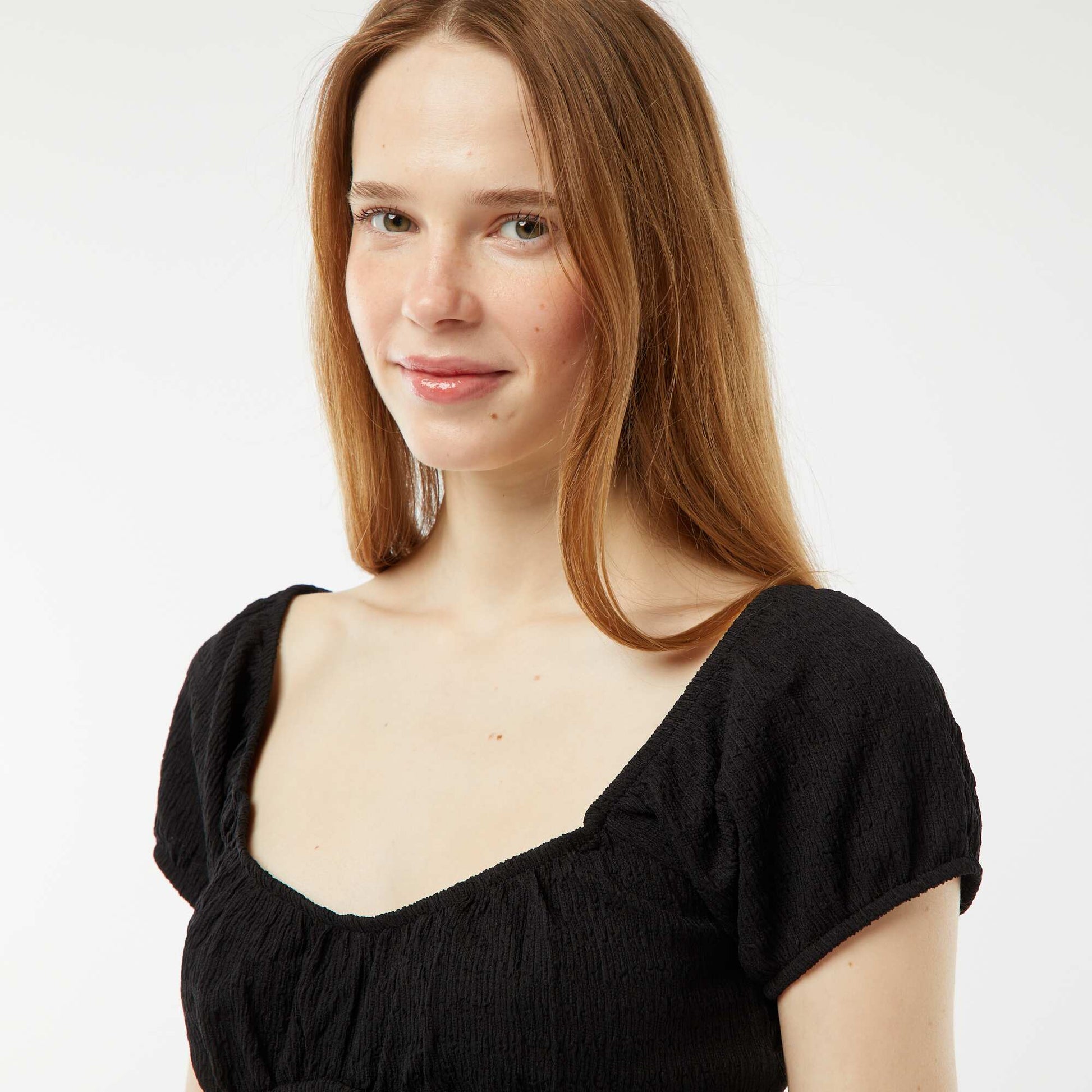 Waffle-knit top with square neck BLACK