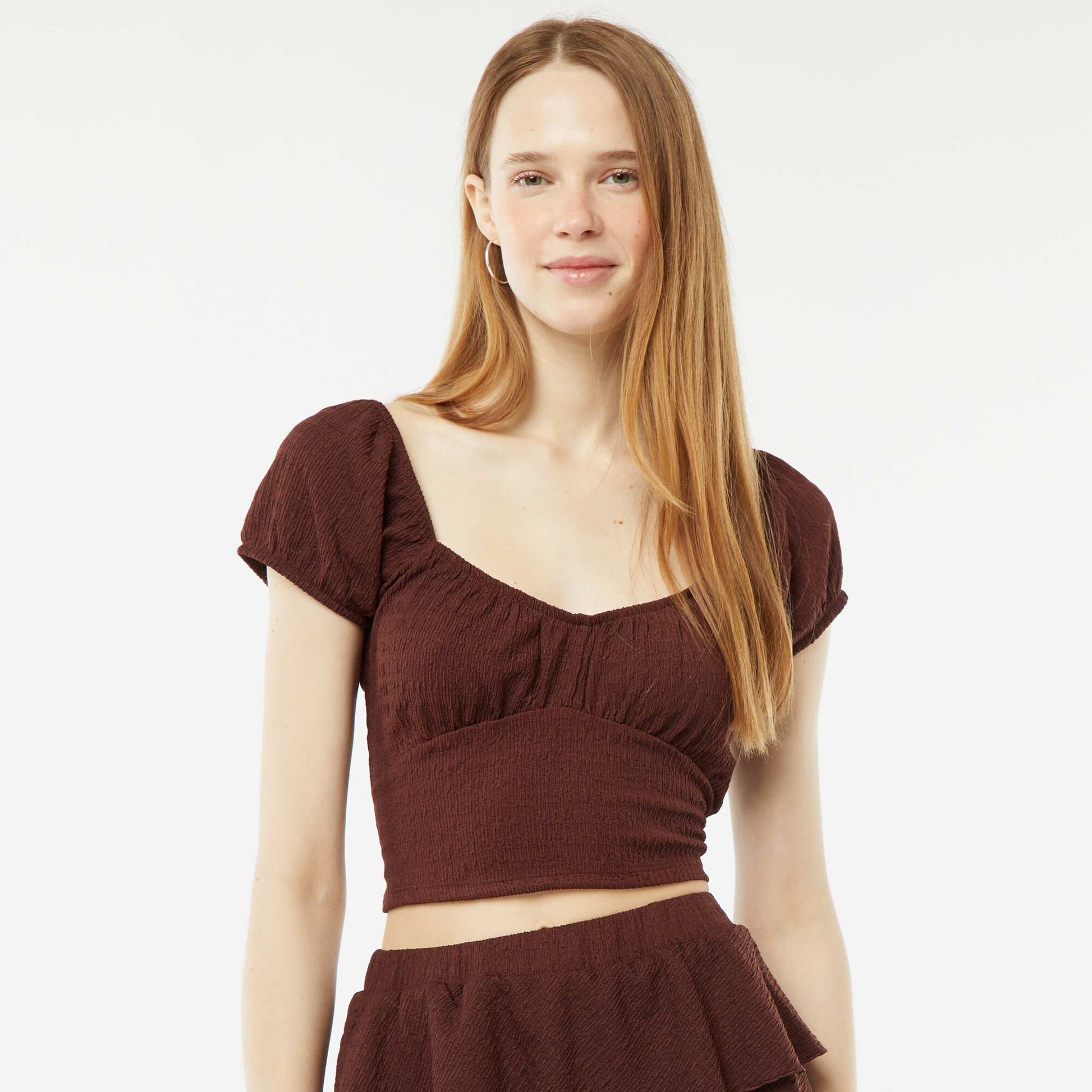 Waffle-knit top with square neck BROWN