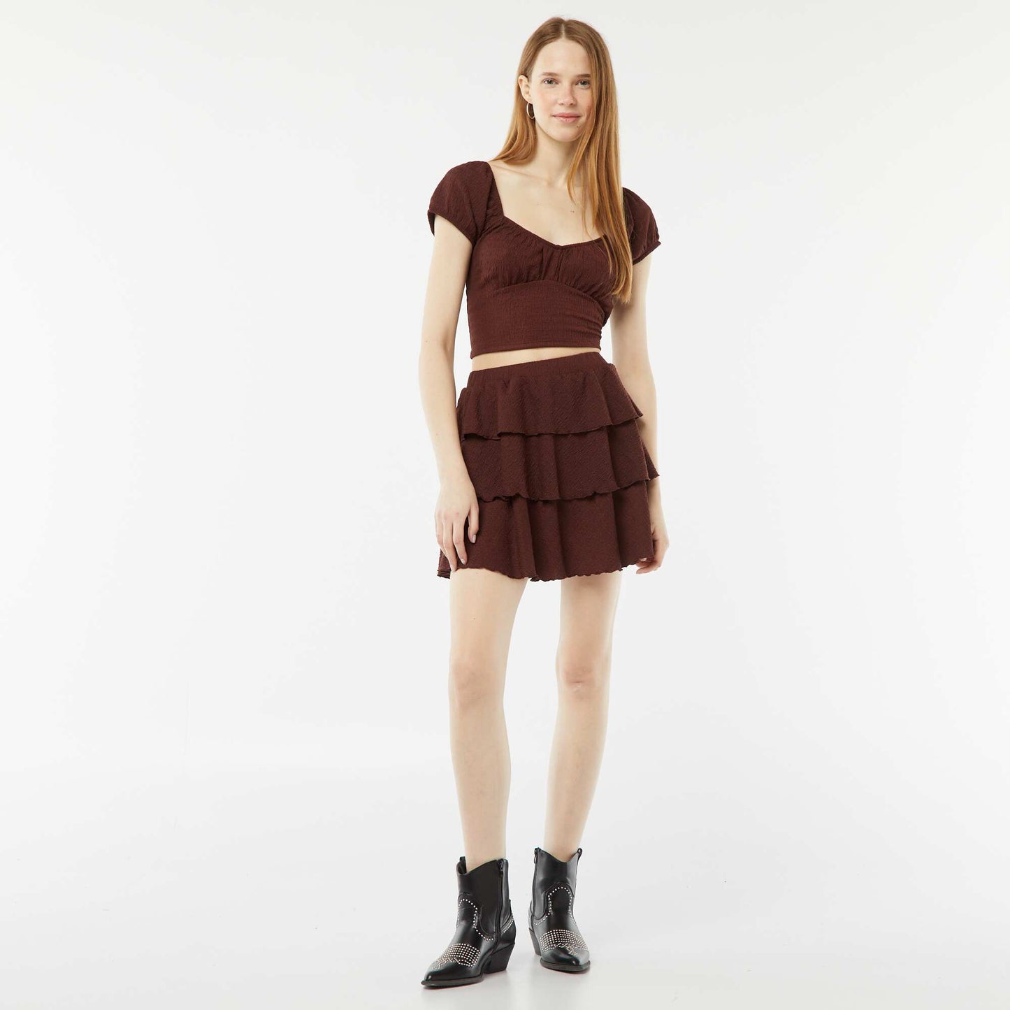 Waffle-knit top with square neck BROWN