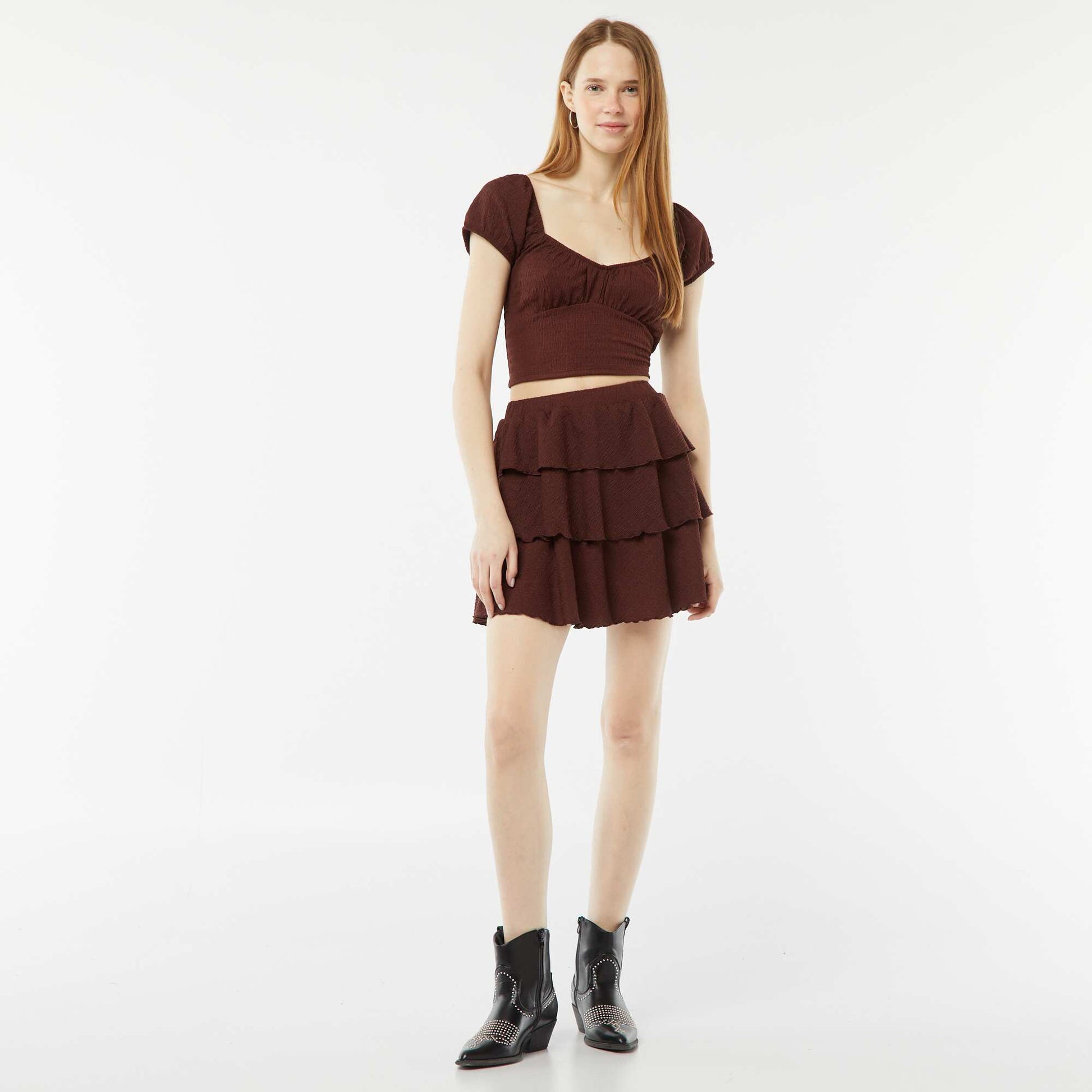 Waffle-knit top with square neck BROWN