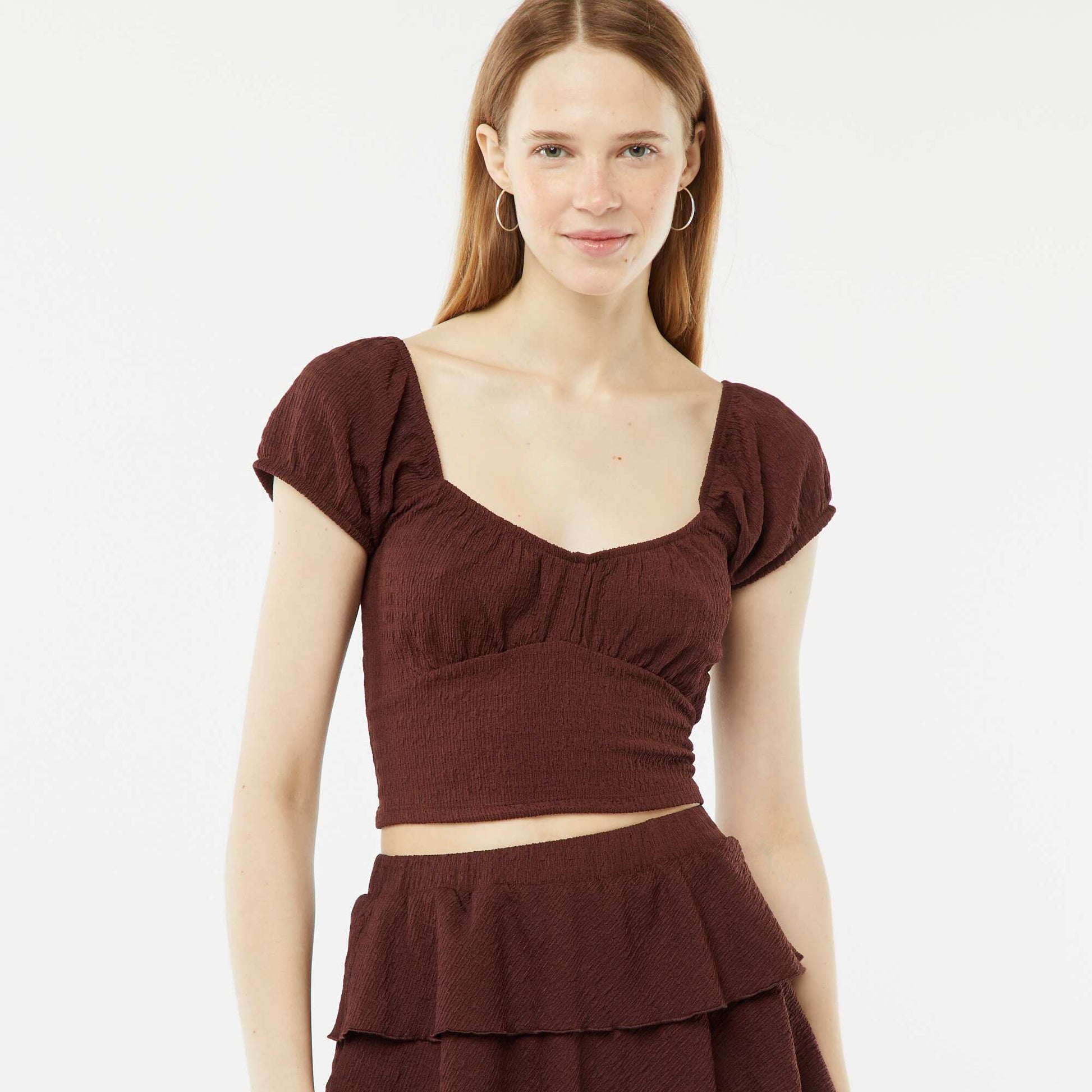 Waffle-knit top with square neck BROWN