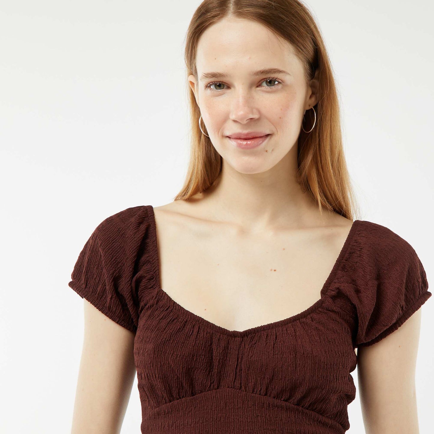 Waffle-knit top with square neck BROWN