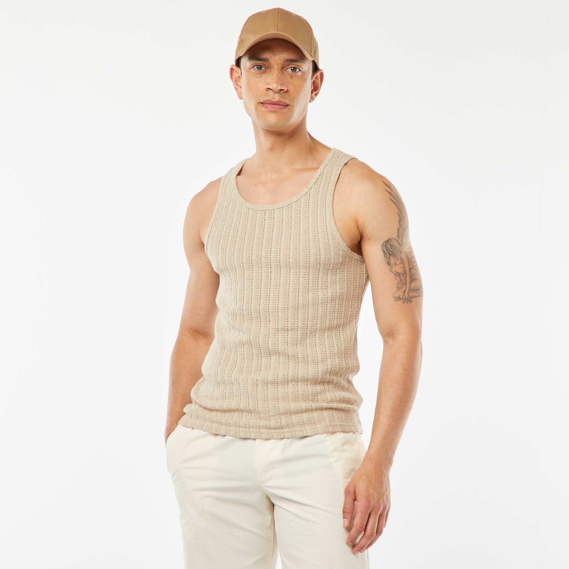 Openwork knit vest top BEIGE