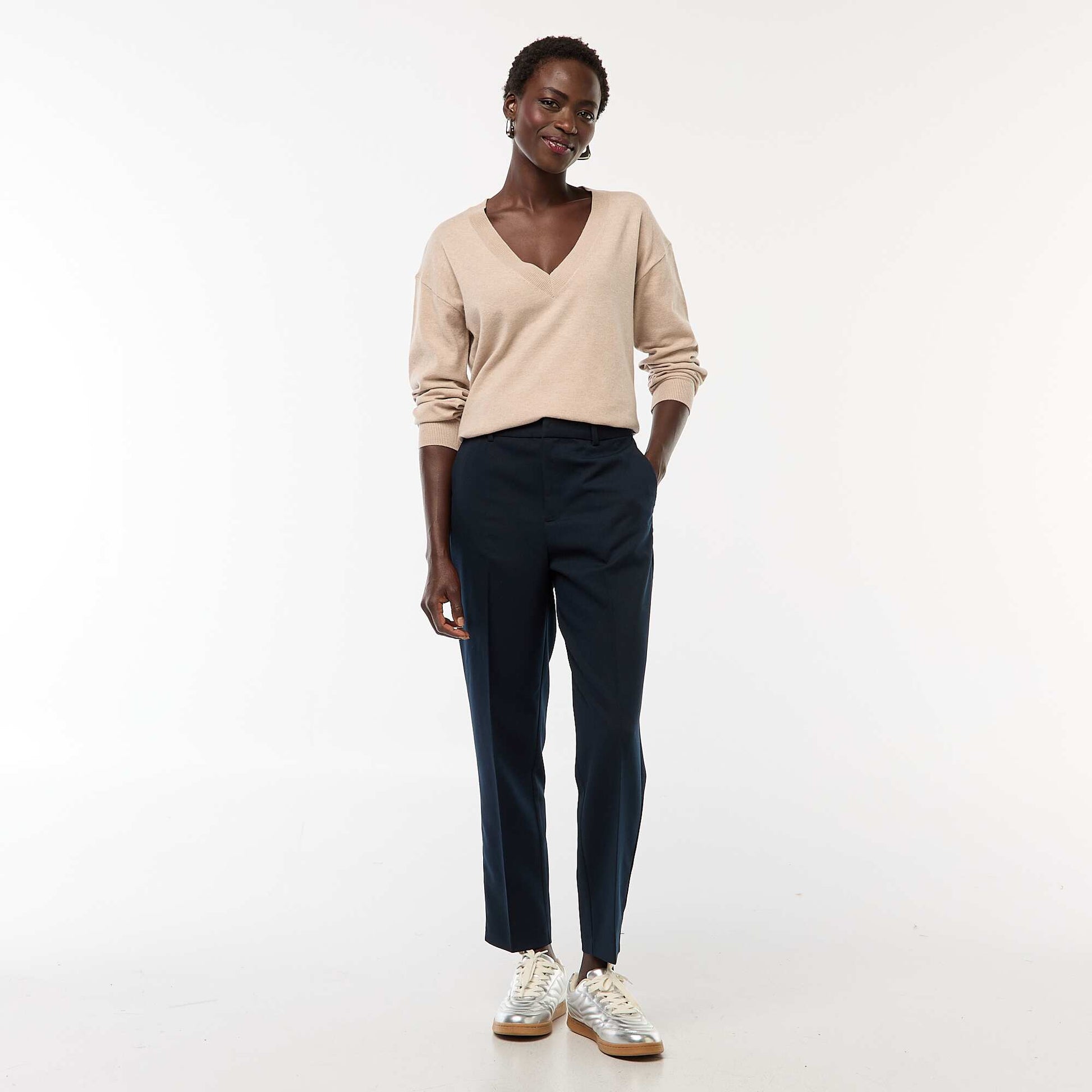 Fine-knit V-neck sweater BEIGE