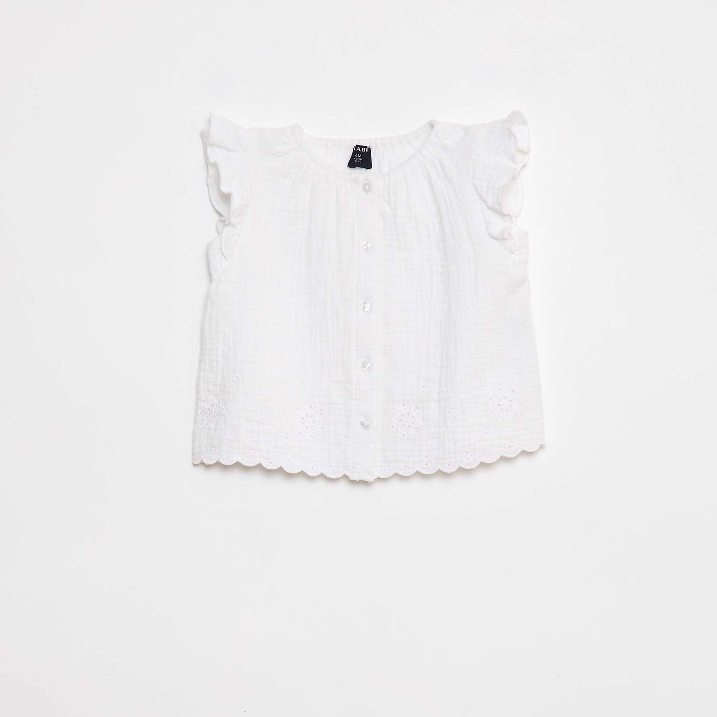 Cotton gauze blouse with ruffled short sleeves WHITE
