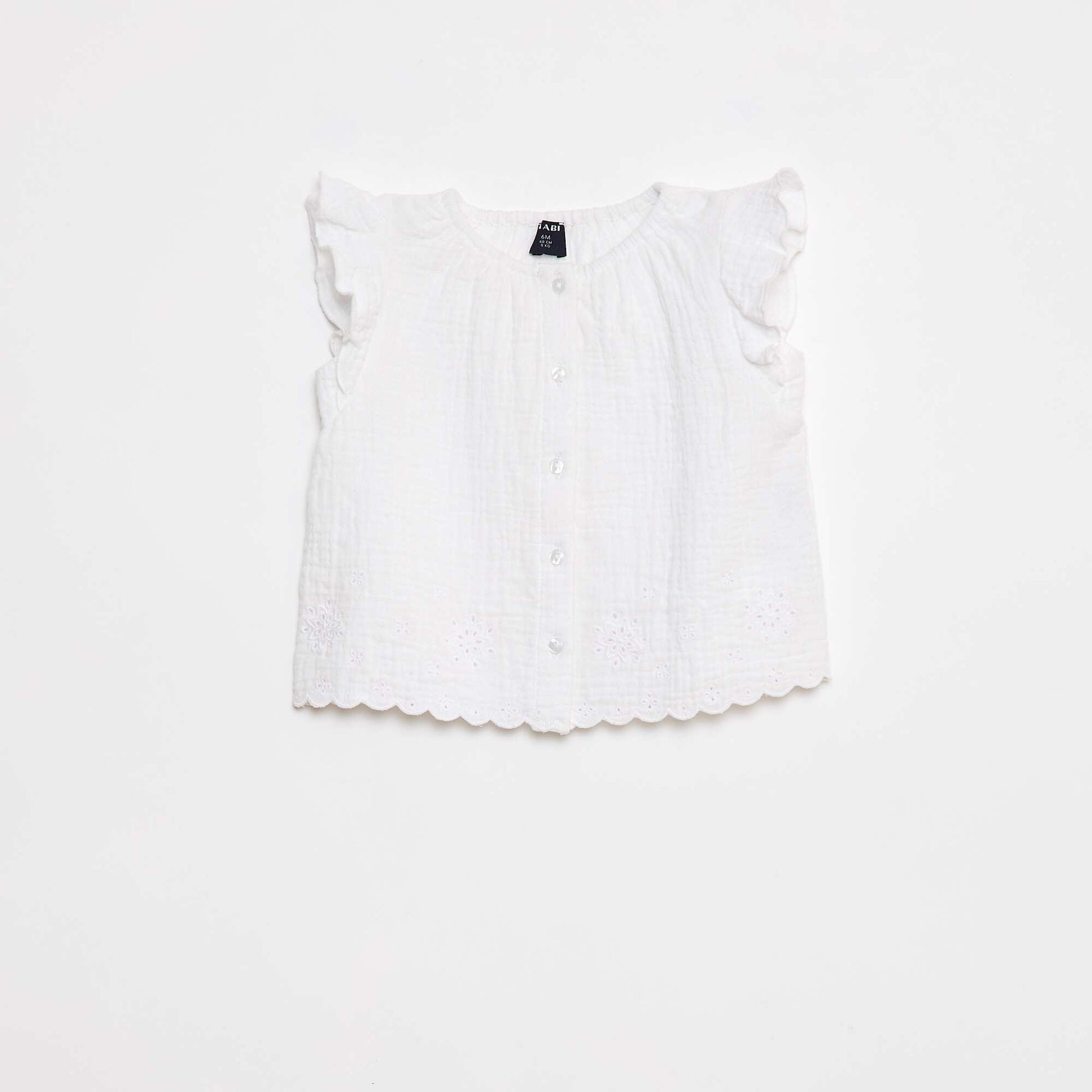 Cotton gauze blouse with ruffled short sleeves WHITE