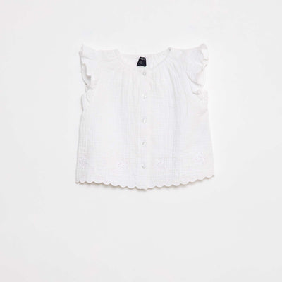 Cotton gauze blouse with ruffled short sleeves WHITE