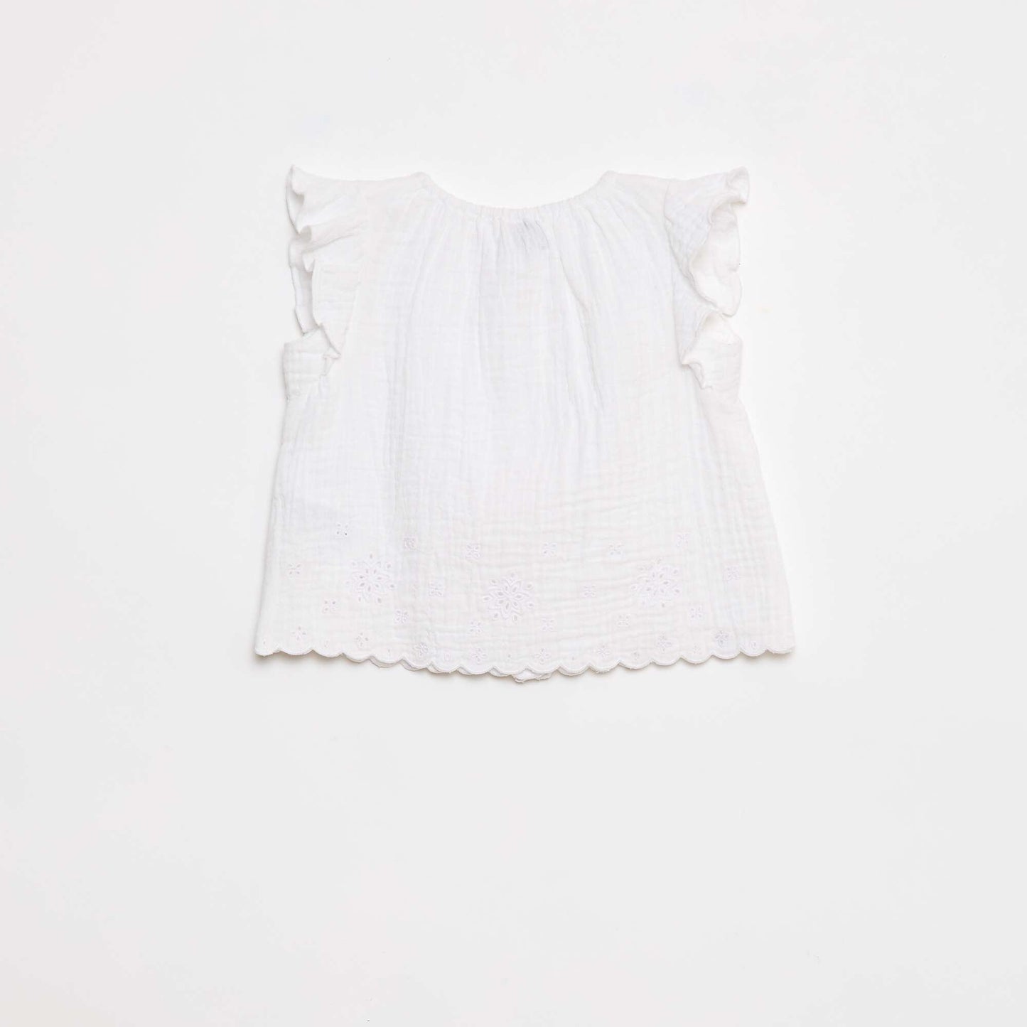 Cotton gauze blouse with ruffled short sleeves WHITE