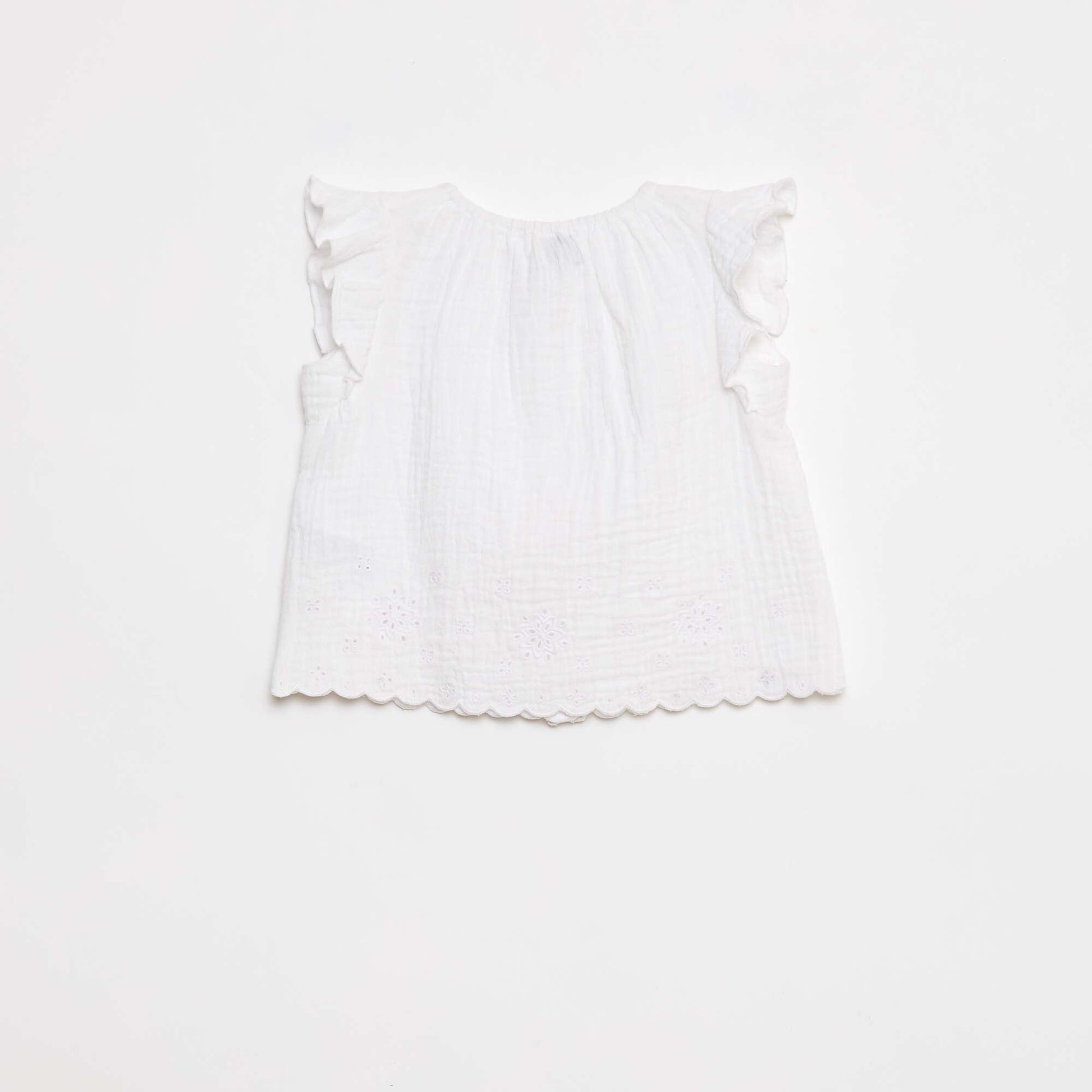 Cotton gauze blouse with ruffled short sleeves WHITE