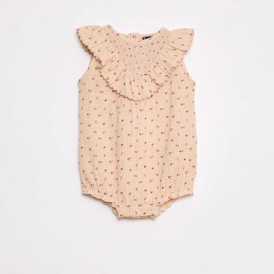 Cotton gauze romper with ruffle on the front BEIGE