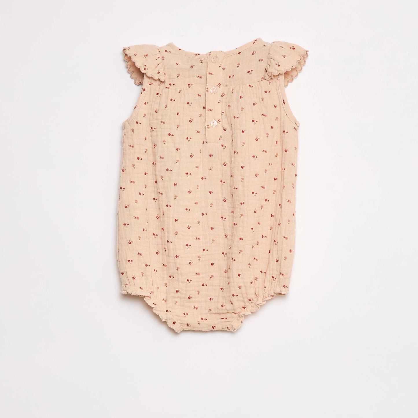 Cotton gauze romper with ruffle on the front BEIGE
