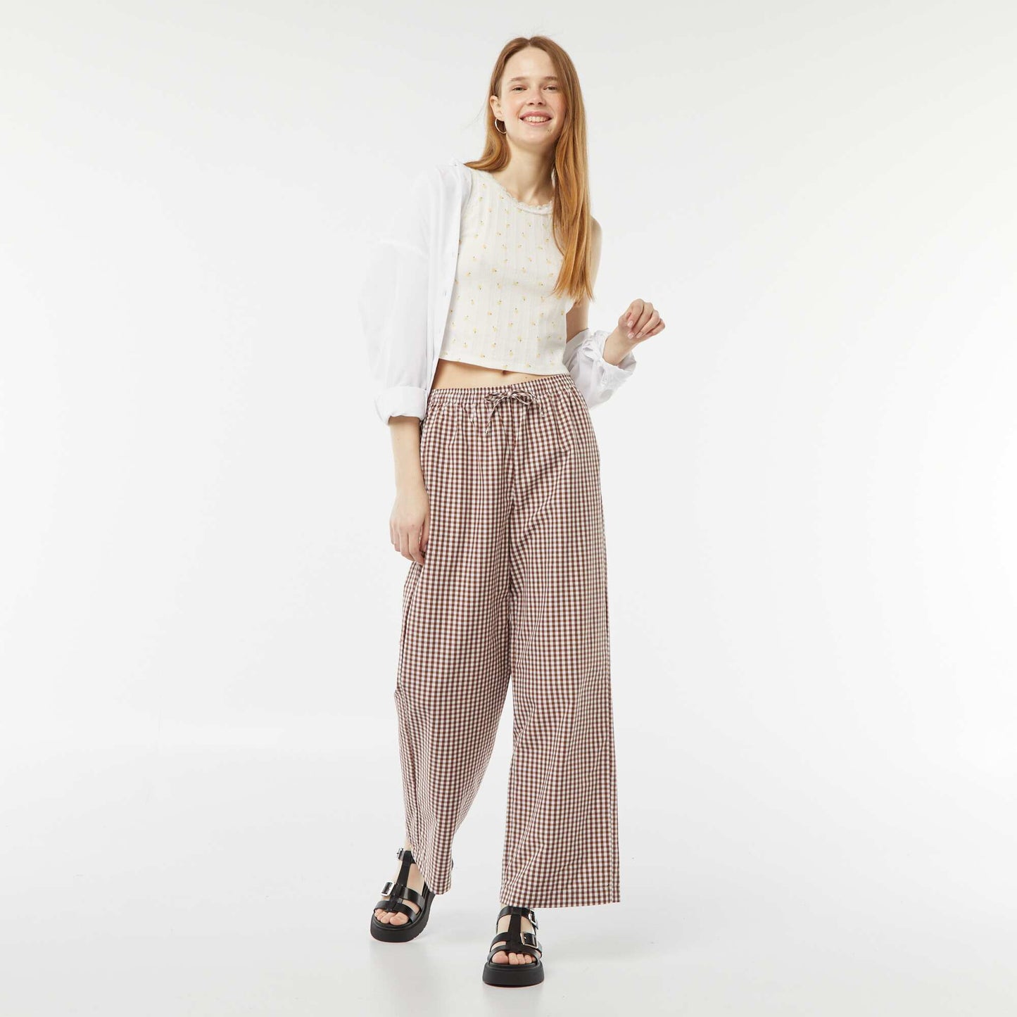 Waffle-knit wide-leg trousers BROWN