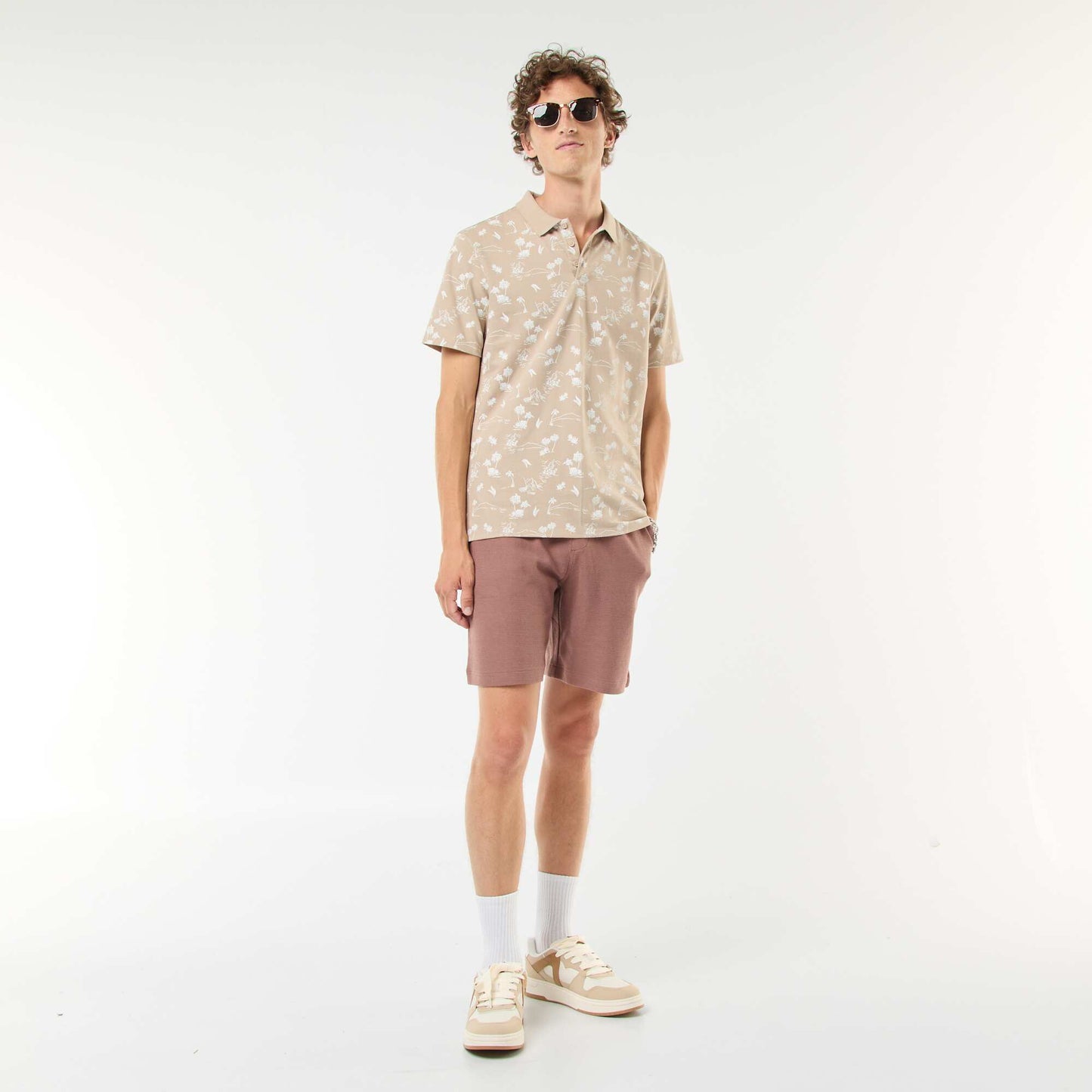 Piqué knit polo shirt with all-over pattern BEIGE