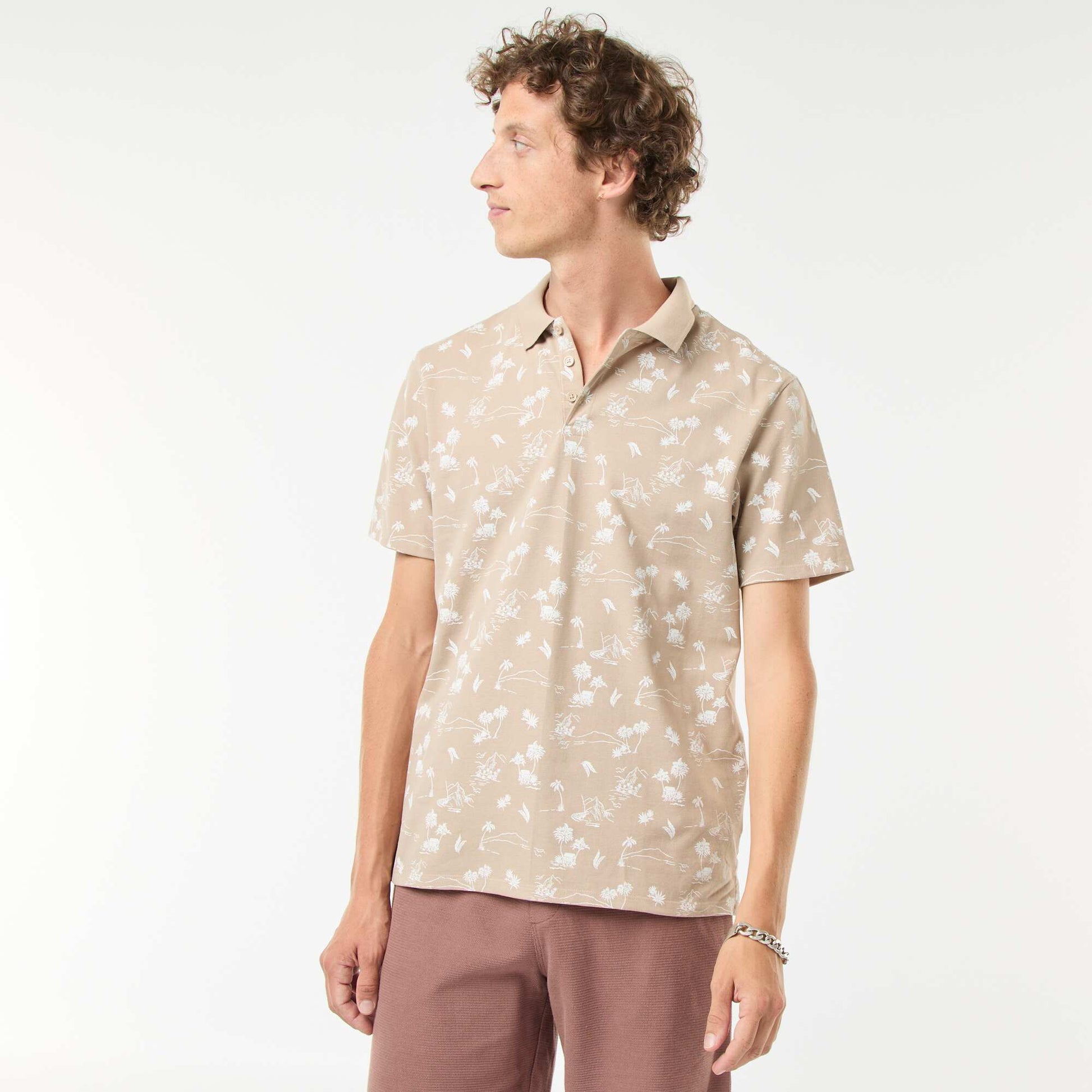 Piqué knit polo shirt with all-over pattern BEIGE