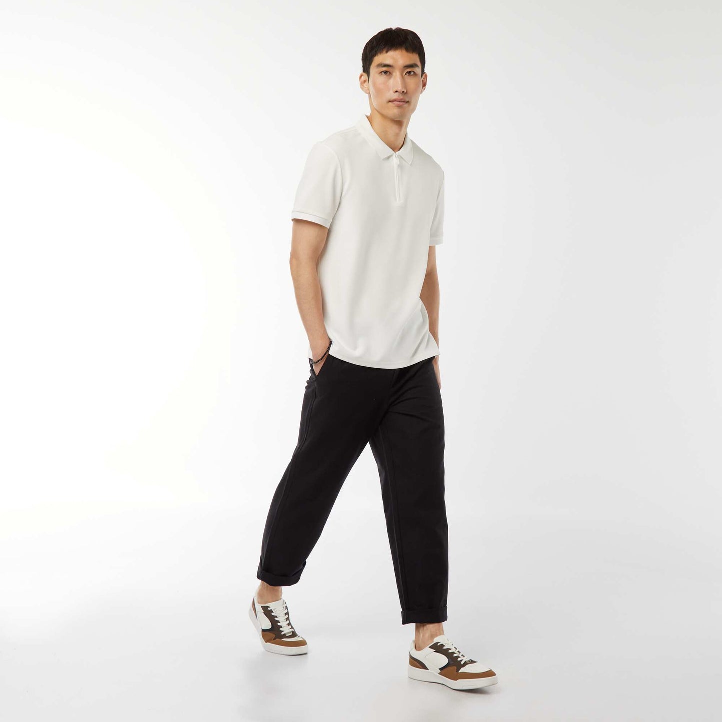 Waffle-knit polo shirt with zip-up neckline WHITE