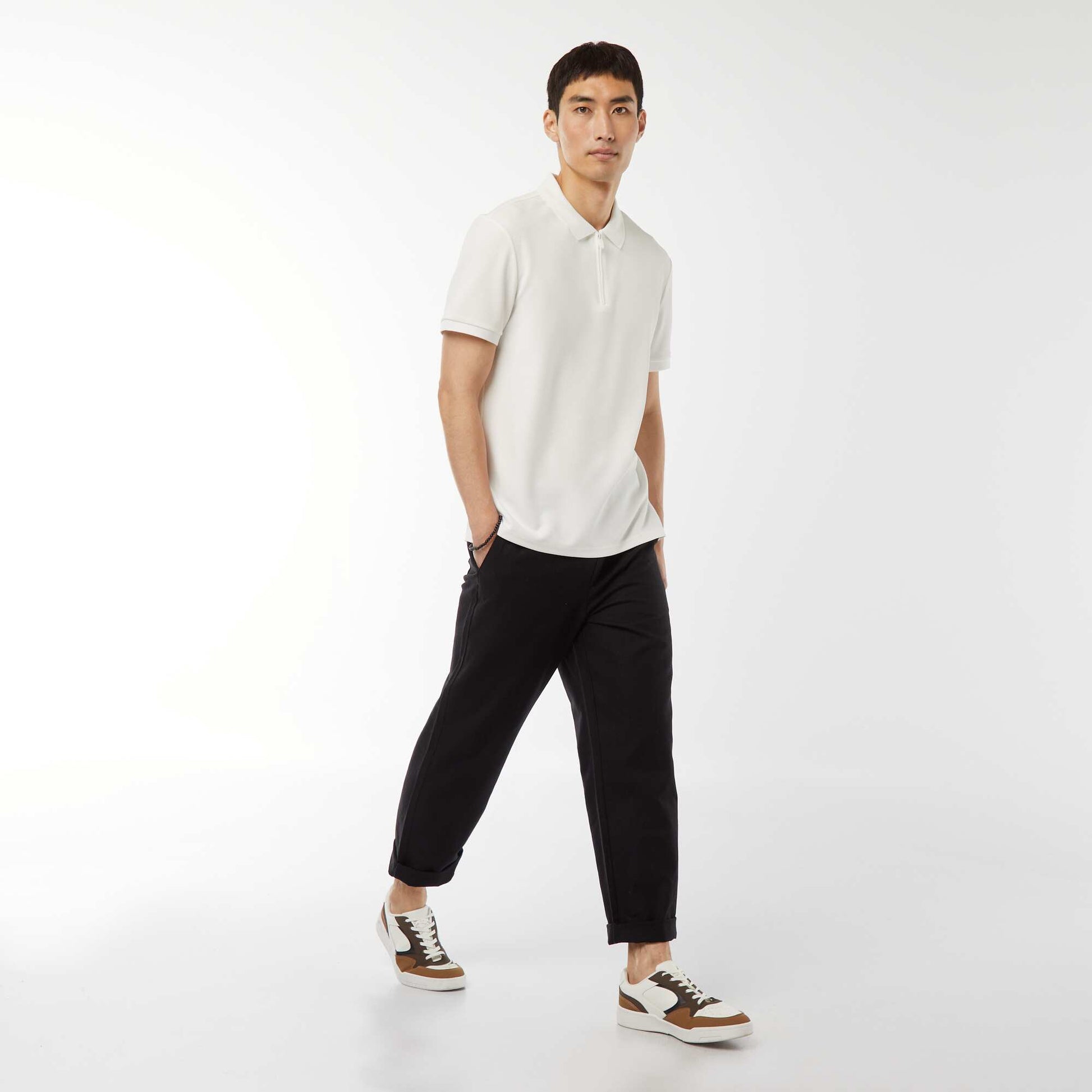 Waffle-knit polo shirt with zip-up neckline WHITE