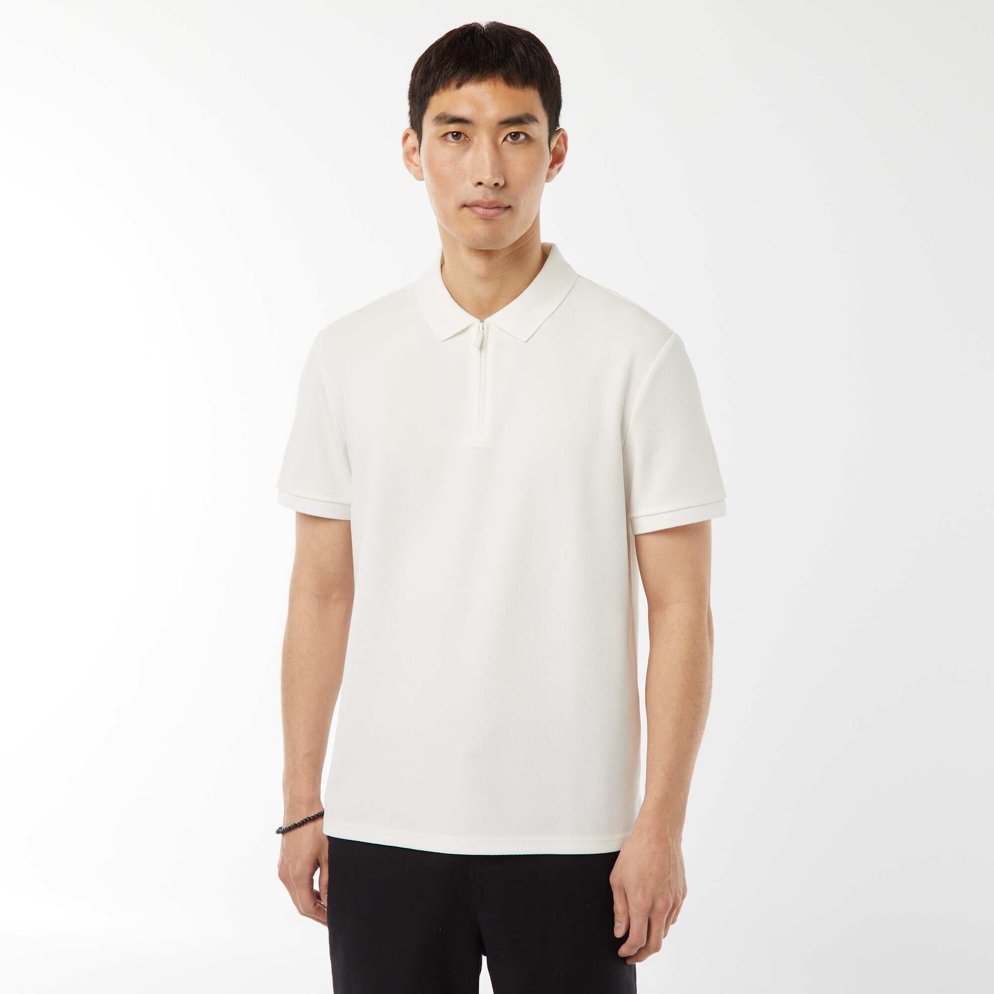 Waffle-knit polo shirt with zip-up neckline WHITE