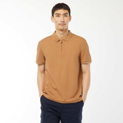 Waffle-knit polo shirt with zip-up neckline BEIGE