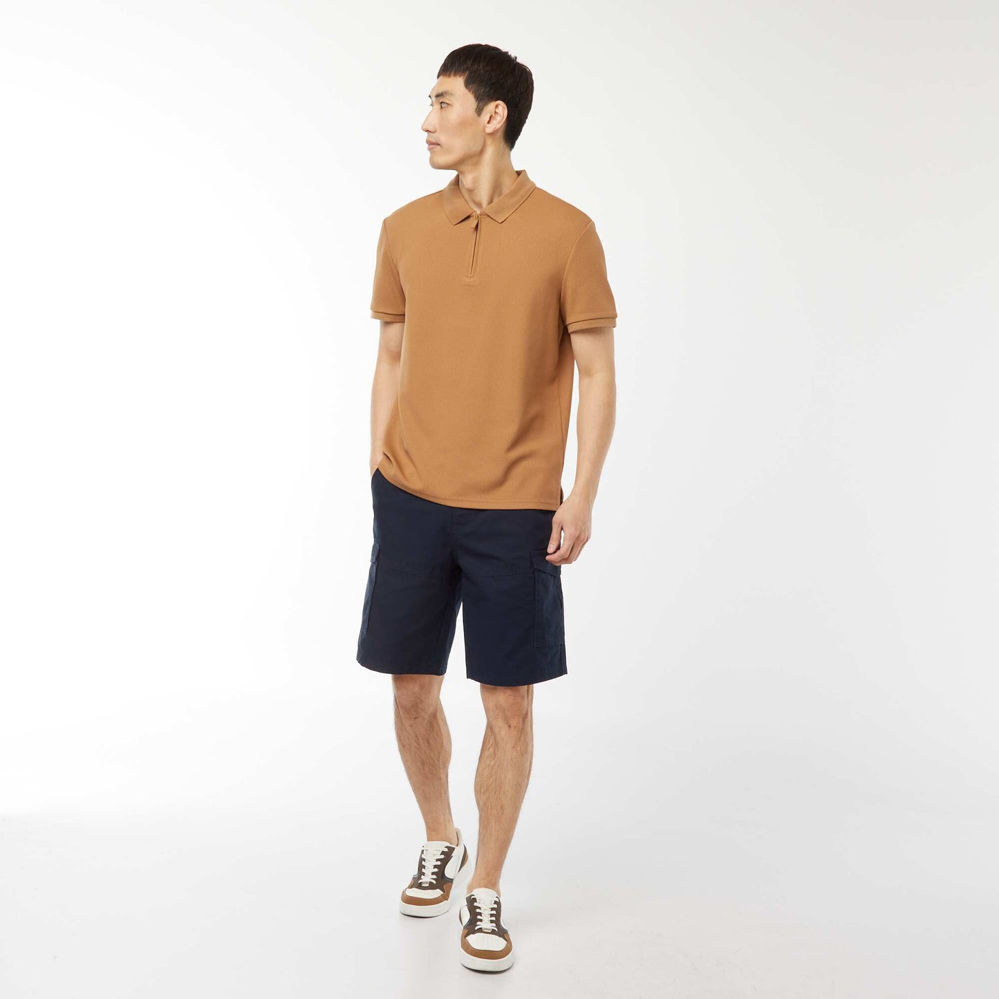 Waffle-knit polo shirt with zip-up neckline BEIGE