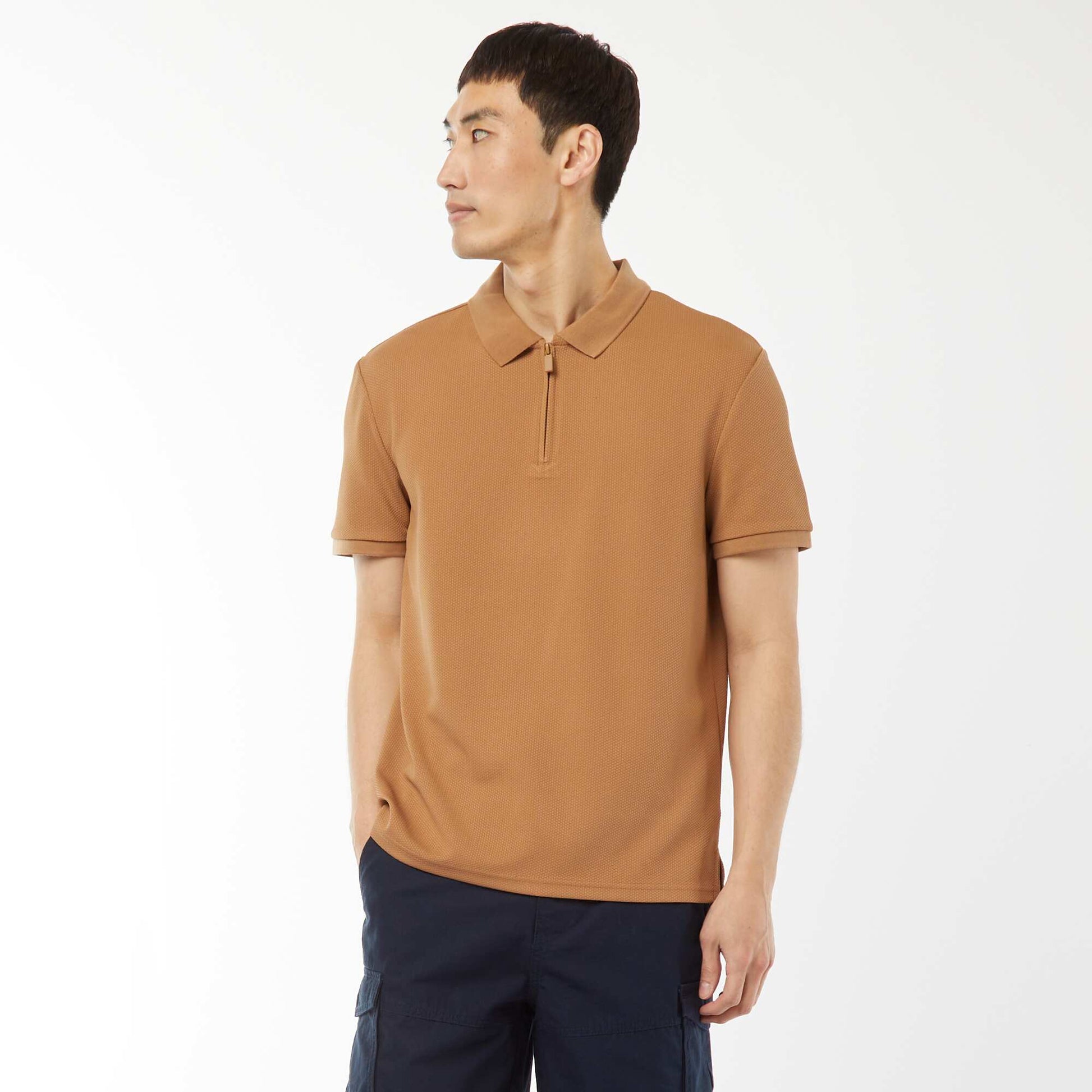 Waffle-knit polo shirt with zip-up neckline BEIGE
