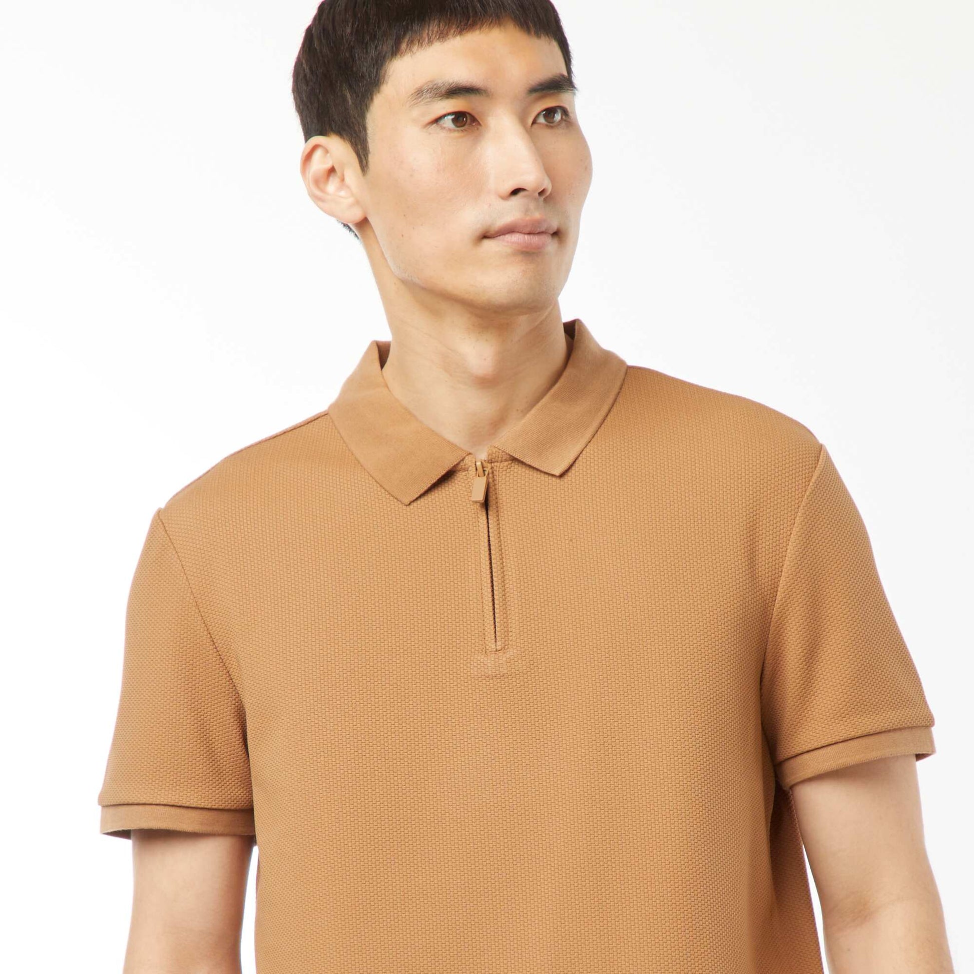 Waffle-knit polo shirt with zip-up neckline BEIGE