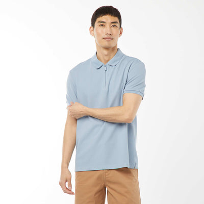Waffle-knit polo shirt with zip-up neckline BLUE