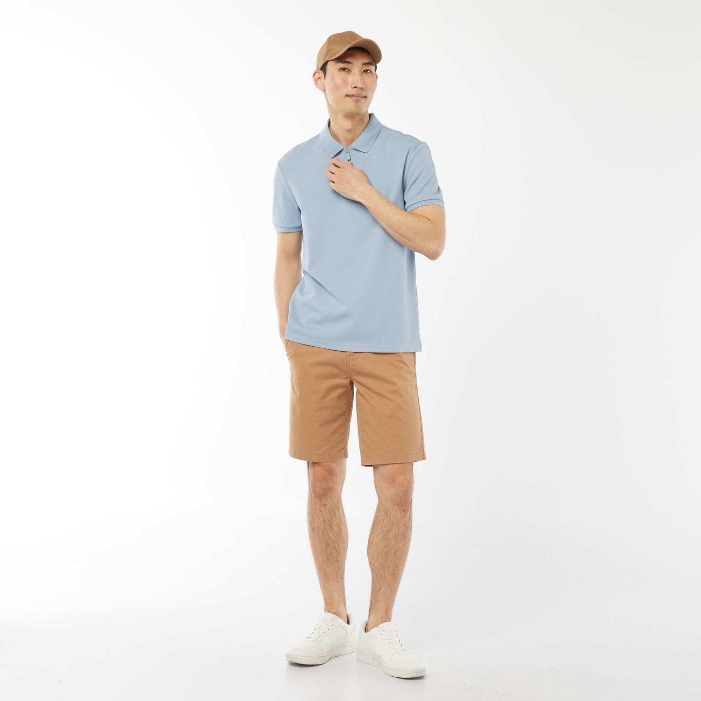 Waffle-knit polo shirt with zip-up neckline BLUE