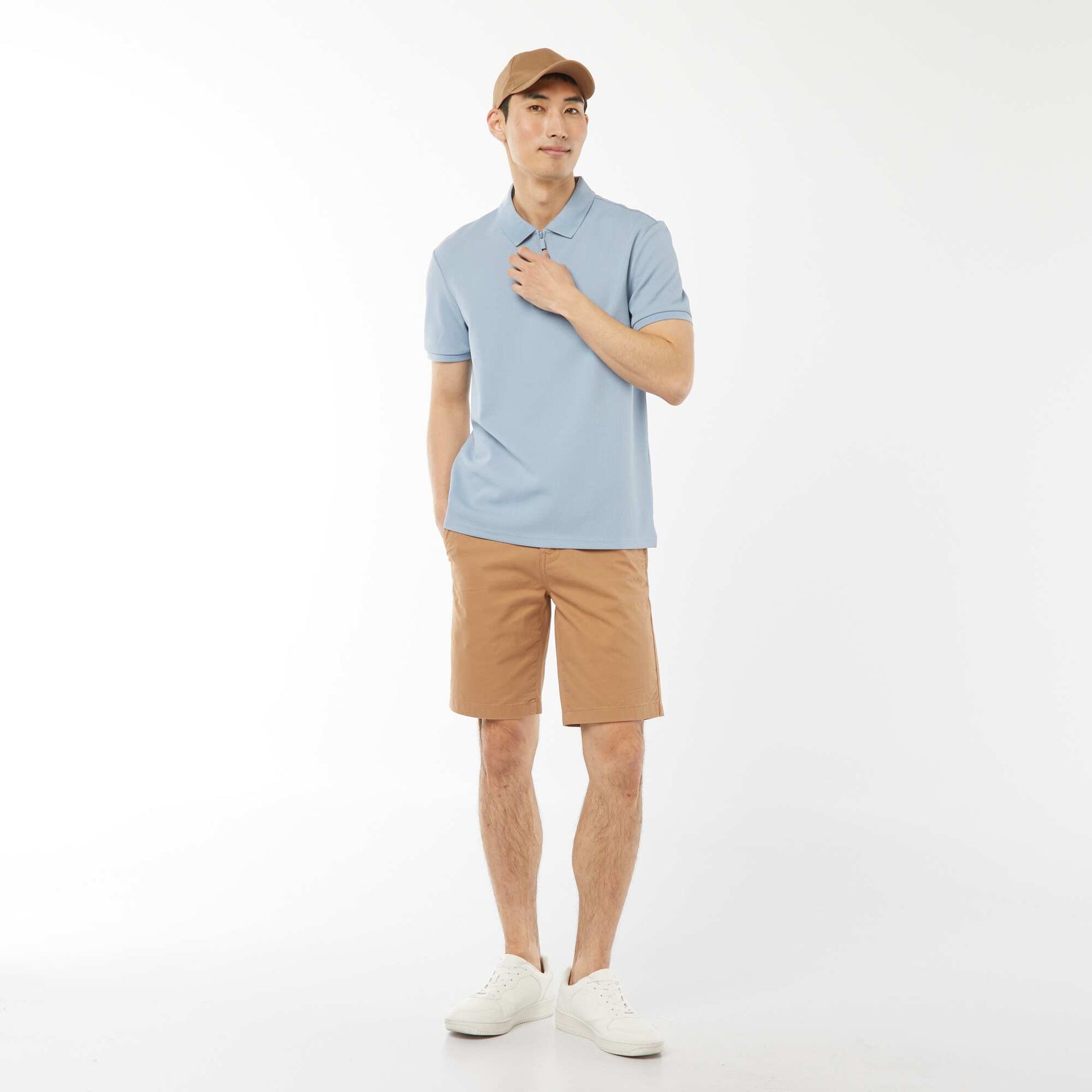 Waffle-knit polo shirt with zip-up neckline BLUE