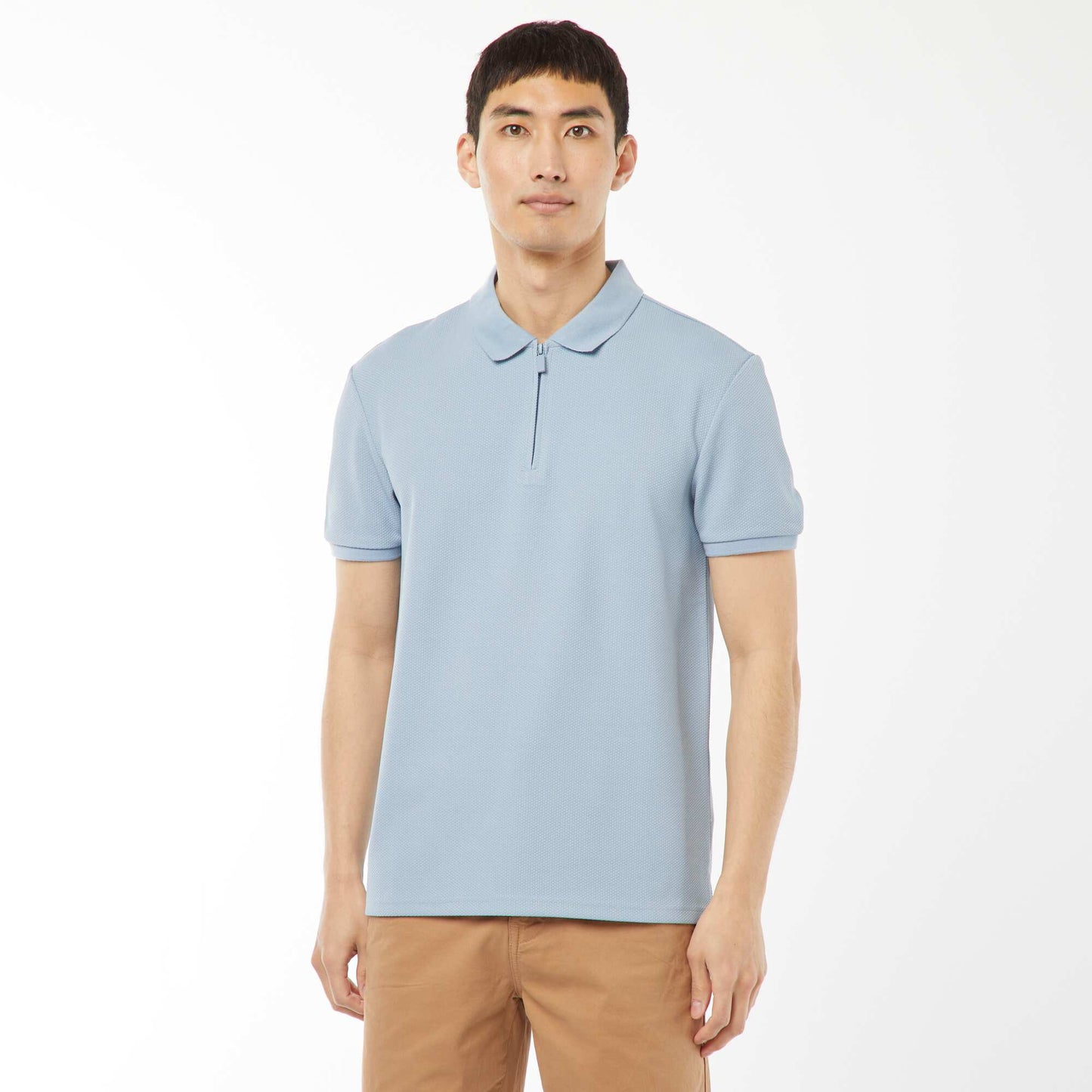 Waffle-knit polo shirt with zip-up neckline BLUE