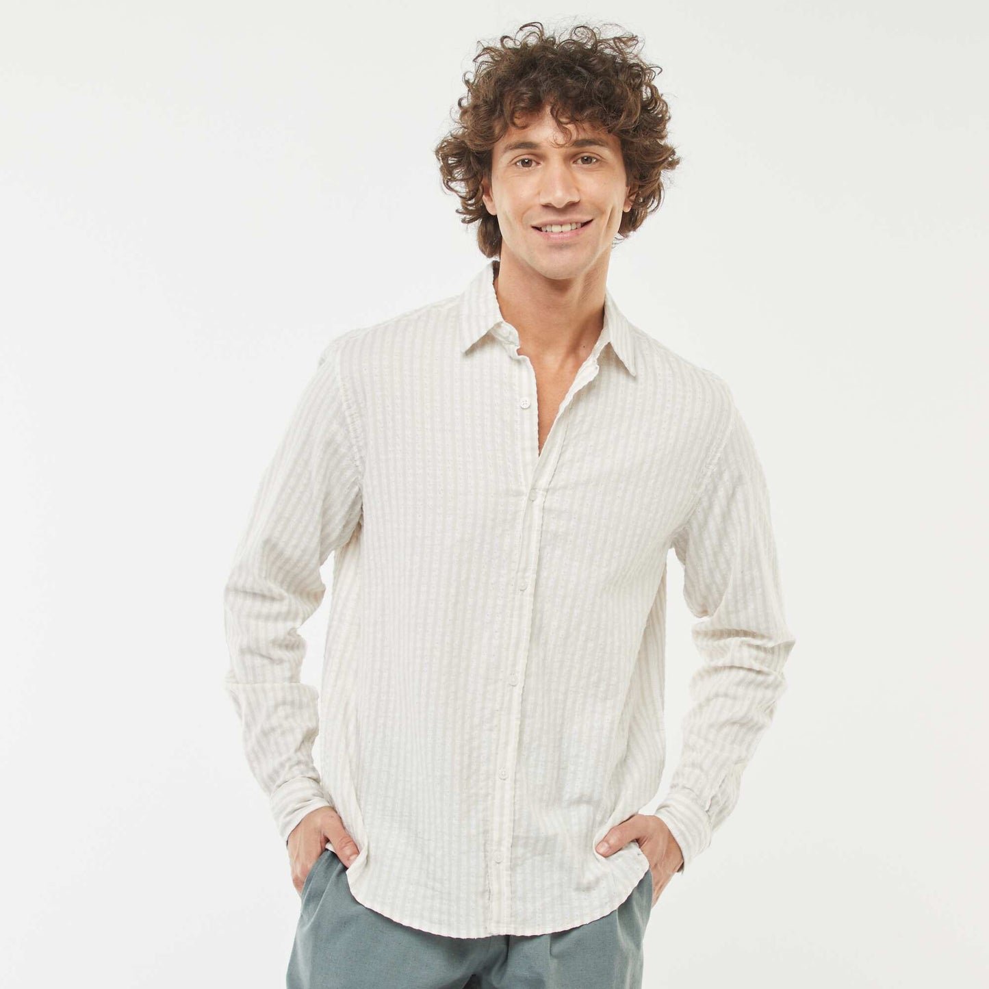 Comfort cut fancy long-sleeved shirt BEIGE