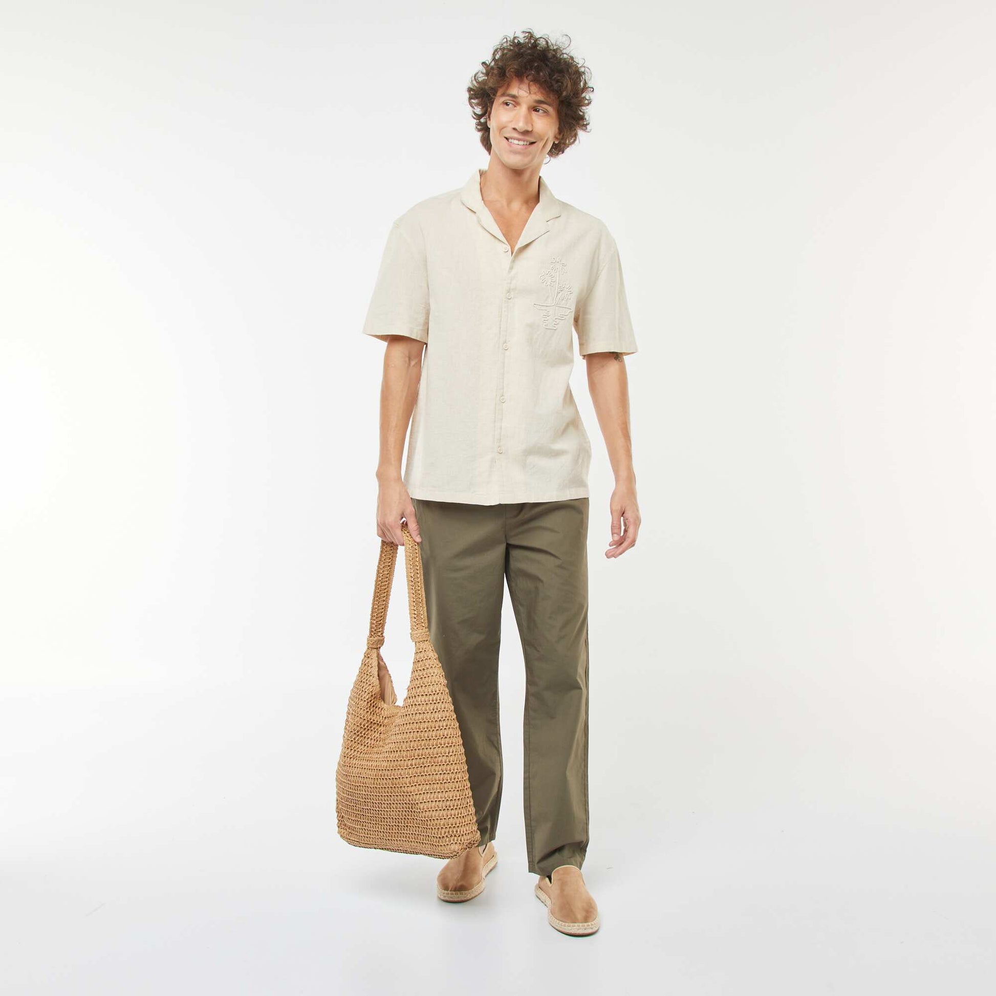 Short-sleeved linen-blend shirt with embroidery WHITE