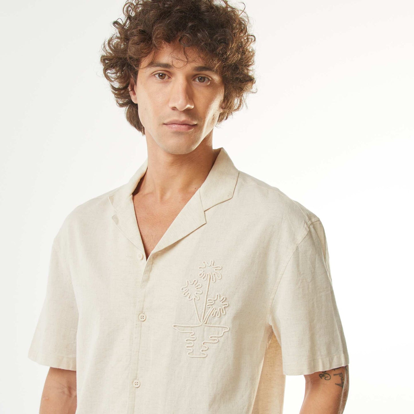 Short-sleeved linen-blend shirt with embroidery WHITE