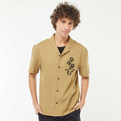 Short-sleeved linen-blend shirt with embroidery KHAKI