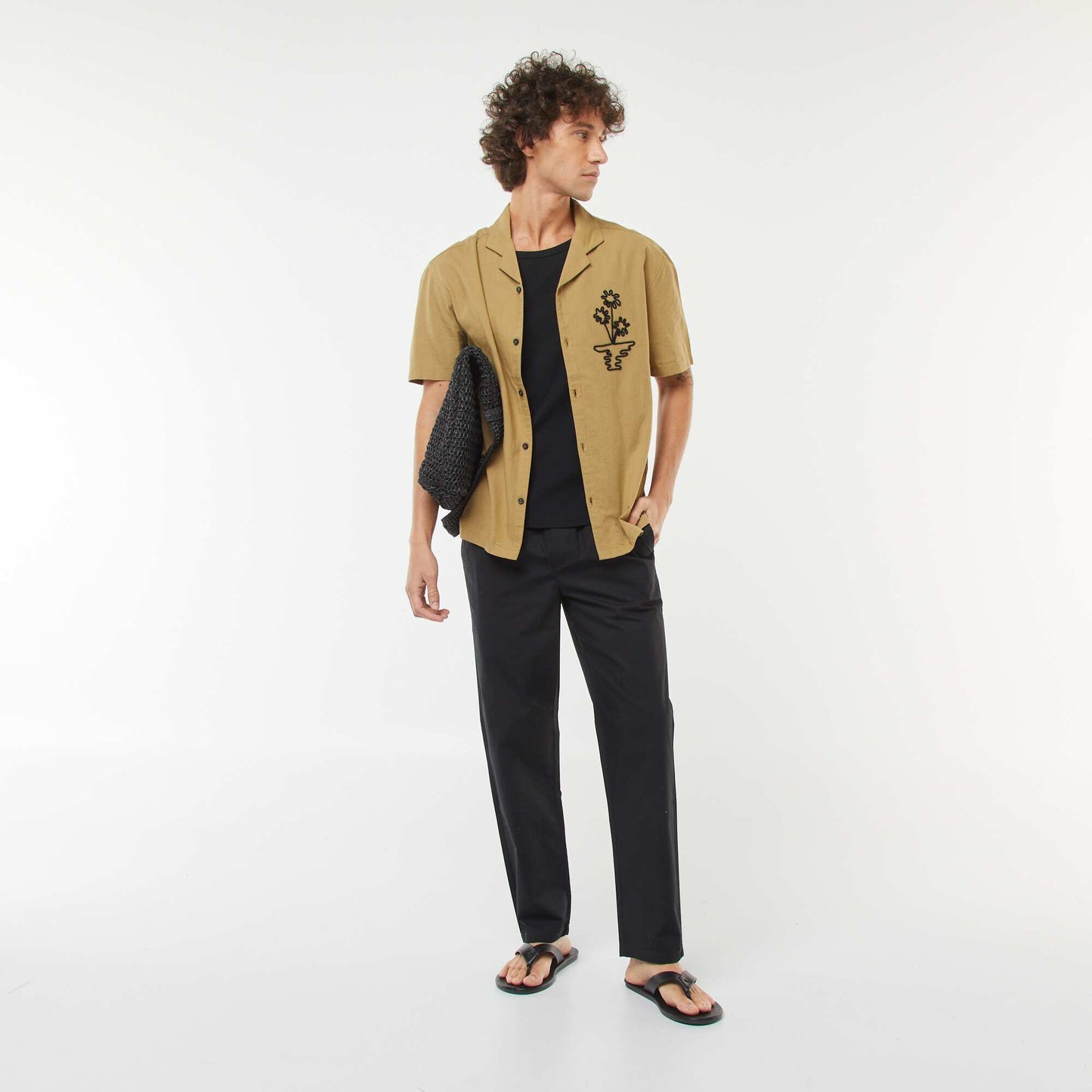Short-sleeved linen-blend shirt with embroidery KHAKI