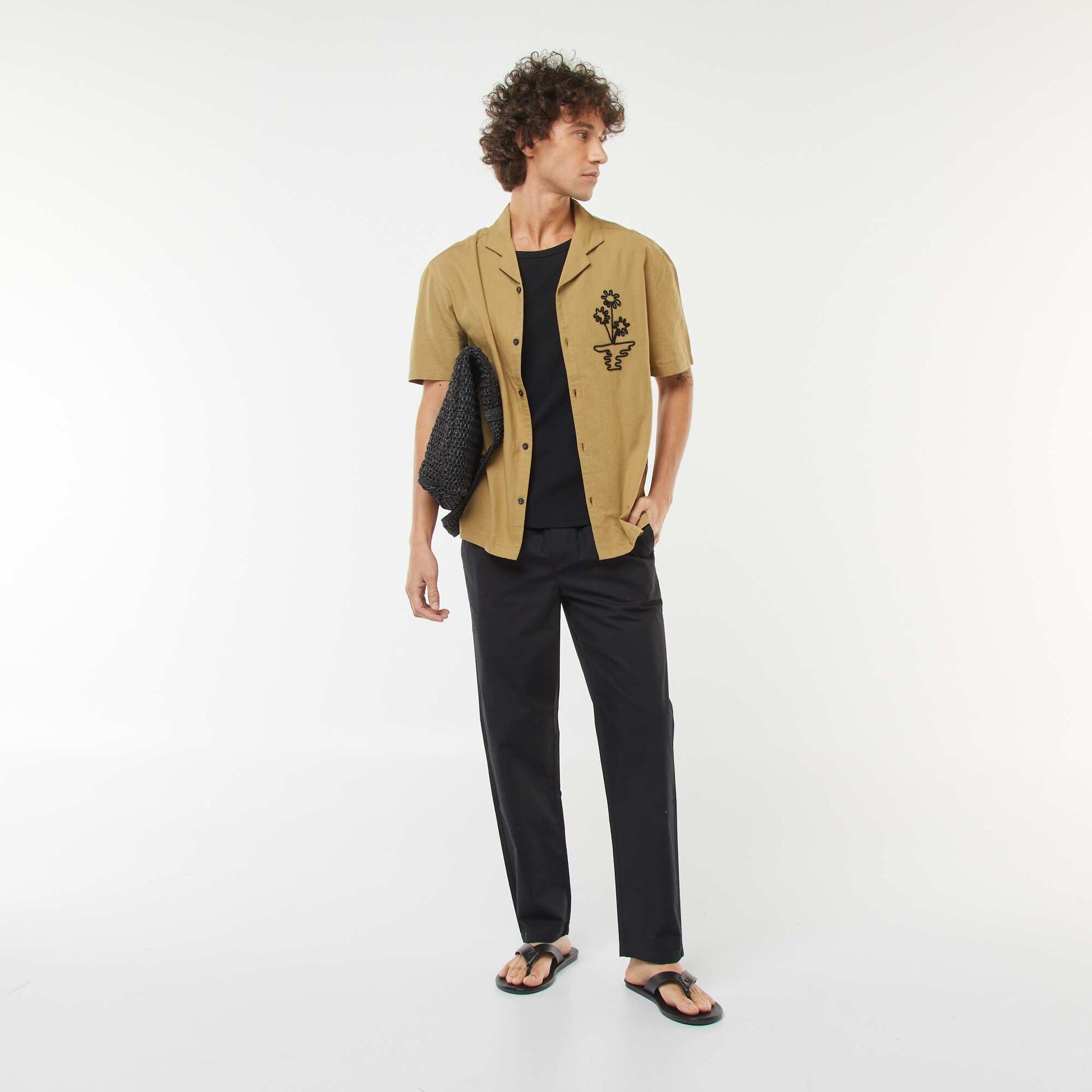 Short-sleeved linen-blend shirt with embroidery KHAKI