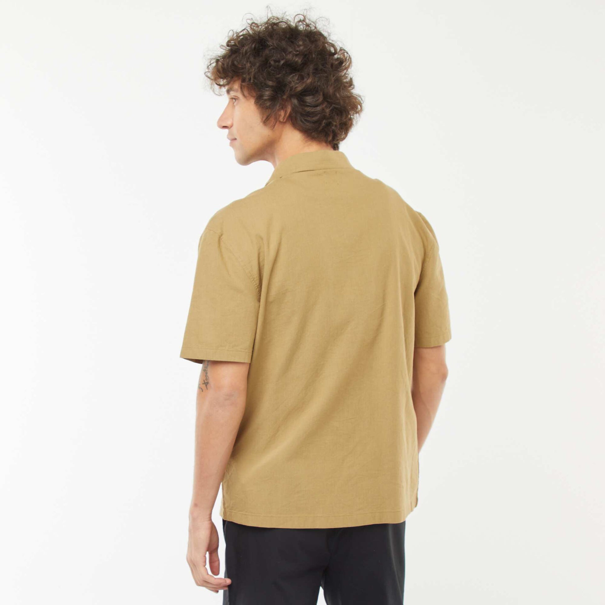 Short-sleeved linen-blend shirt with embroidery KHAKI