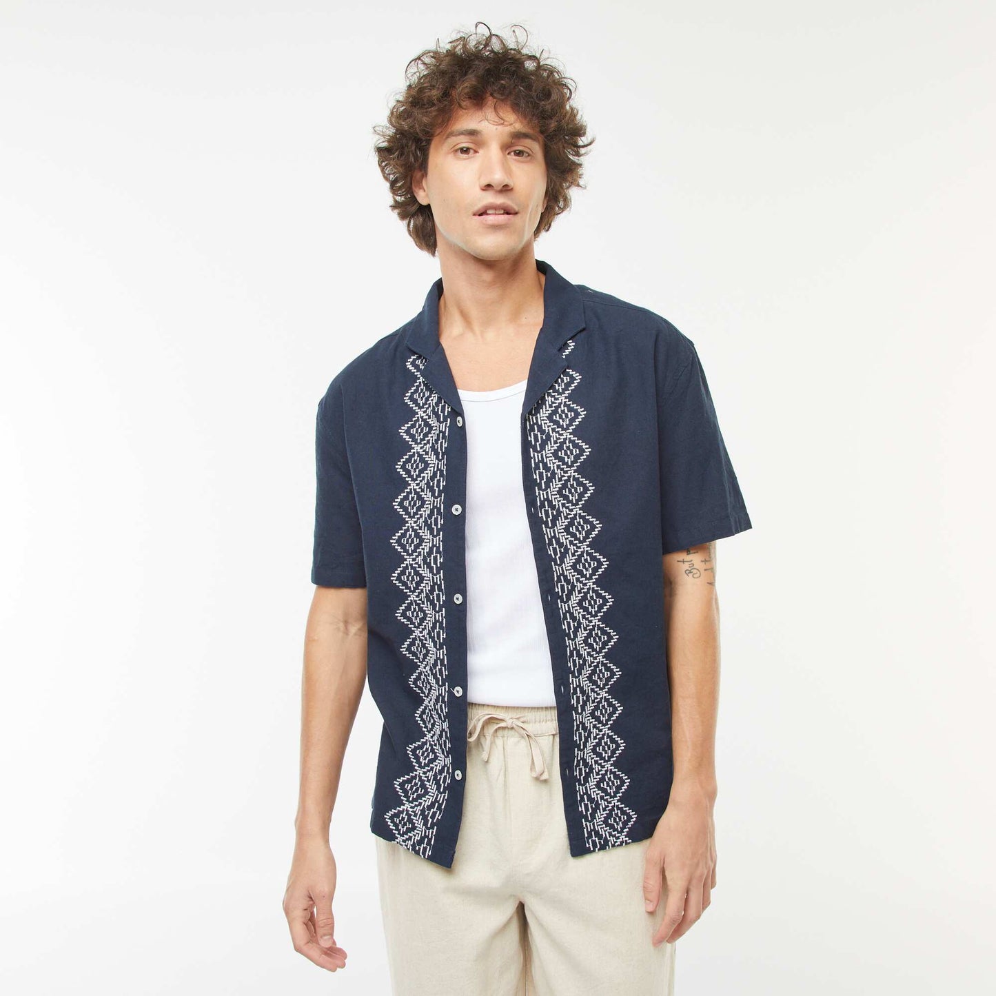 Short-sleeved linen-blend shirt with embroidery BLUE