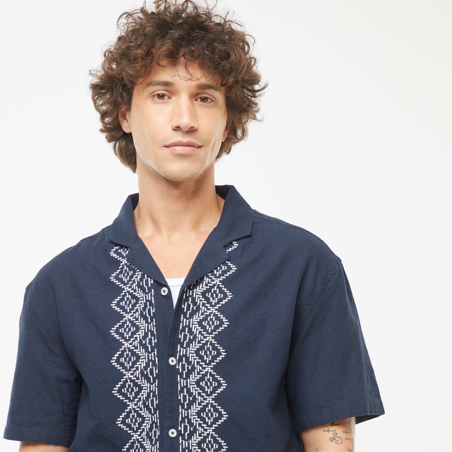 Short-sleeved linen-blend shirt with embroidery BLUE