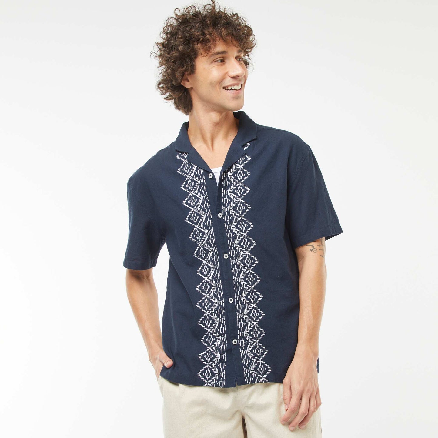 Short-sleeved linen-blend shirt with embroidery BLUE