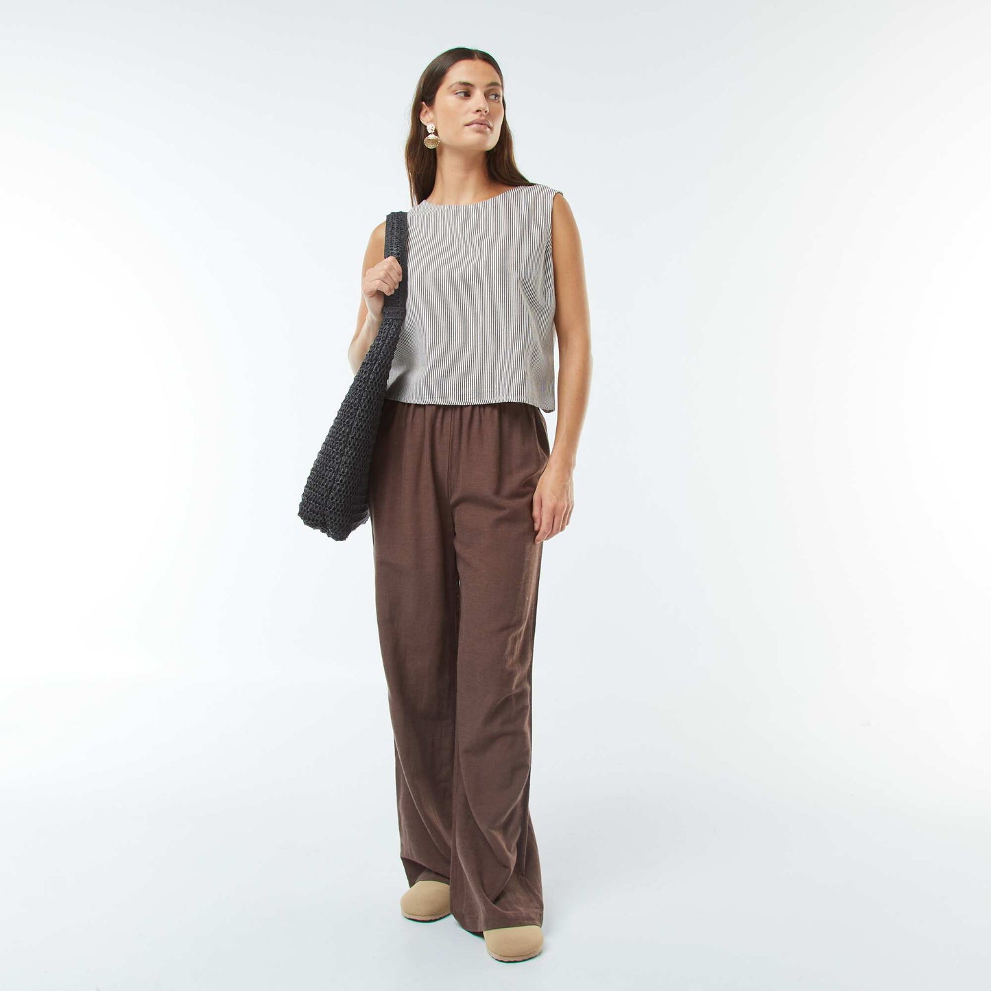 Cropped linen-blend sleeveless blouse BEIGE
