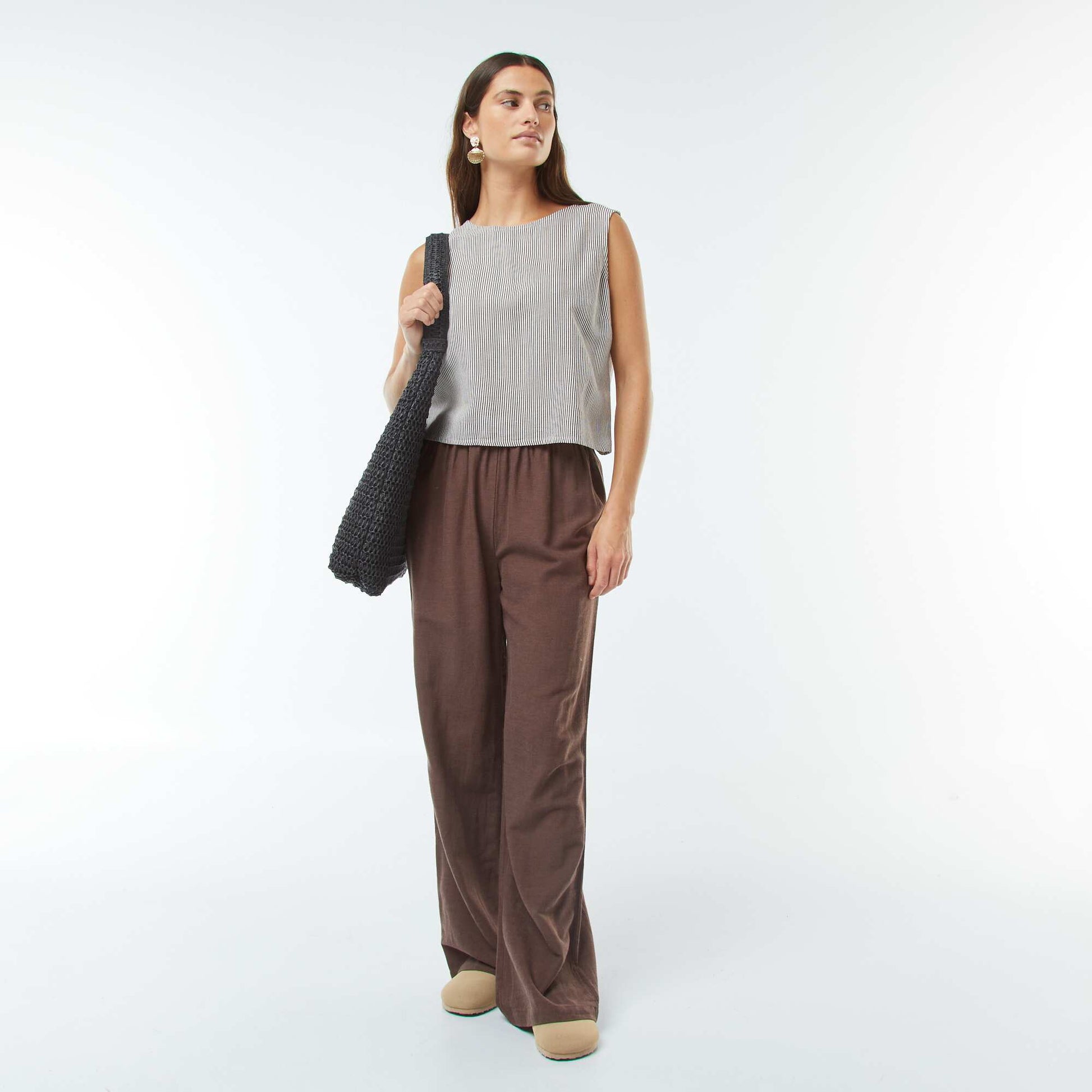 Cropped linen-blend sleeveless blouse BEIGE