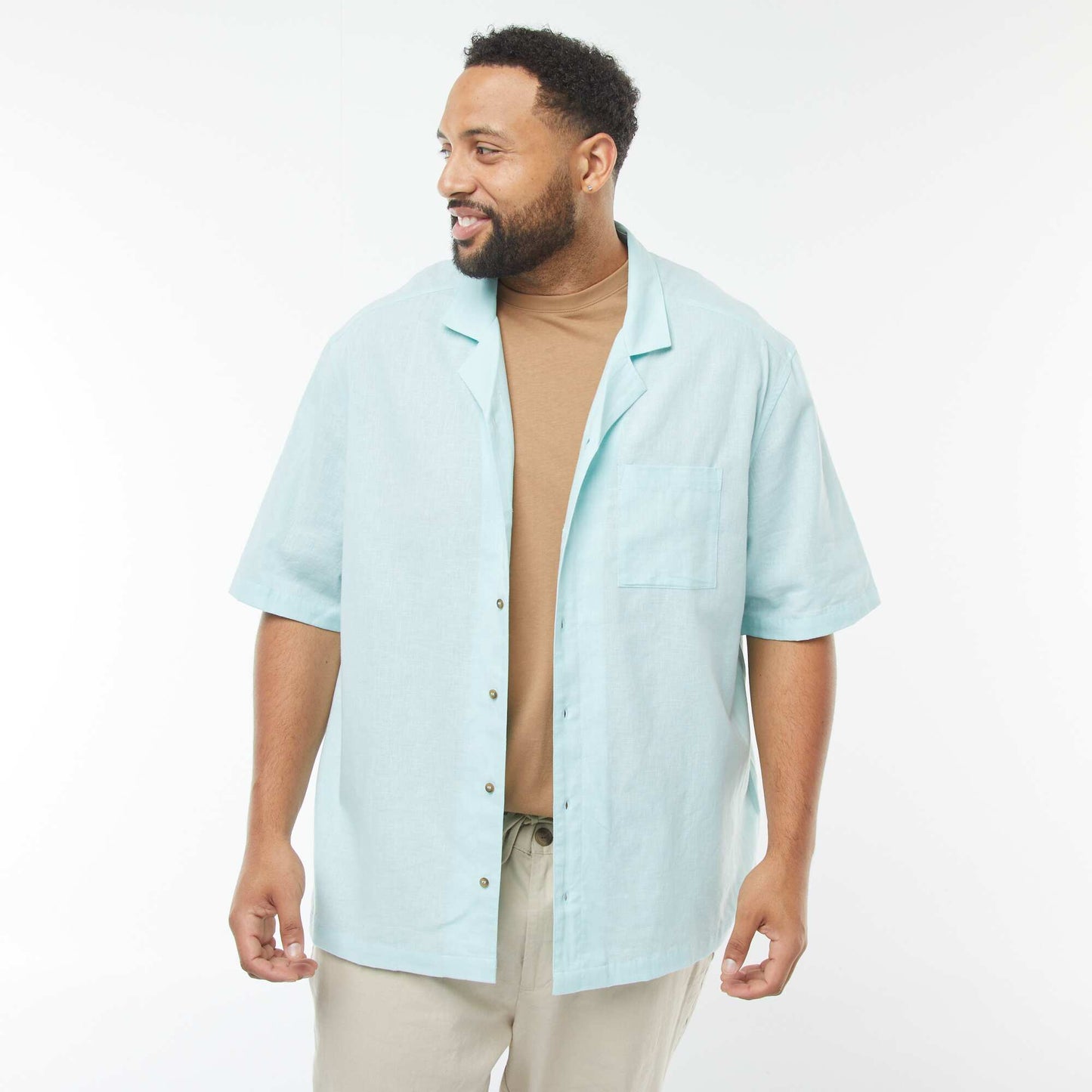 Short-sleeved linen-blend shirt BLUE