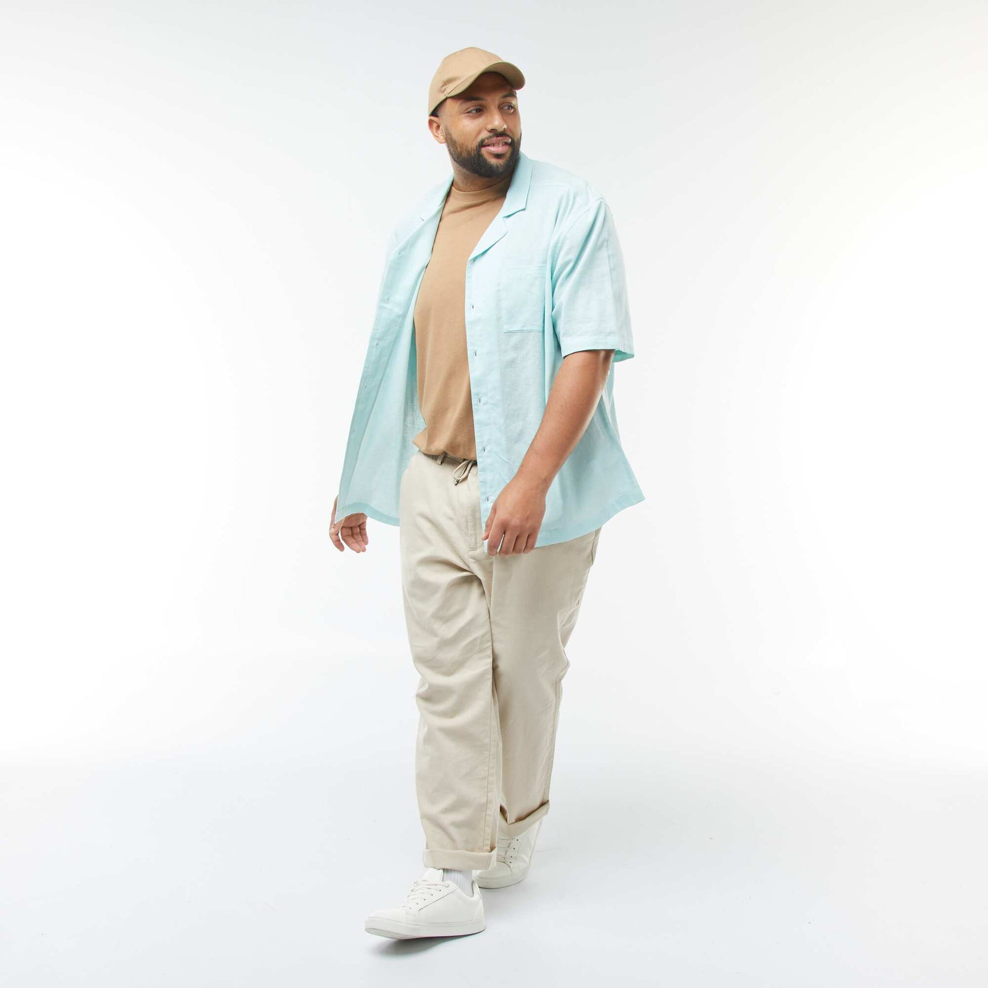 Short-sleeved linen-blend shirt BLUE