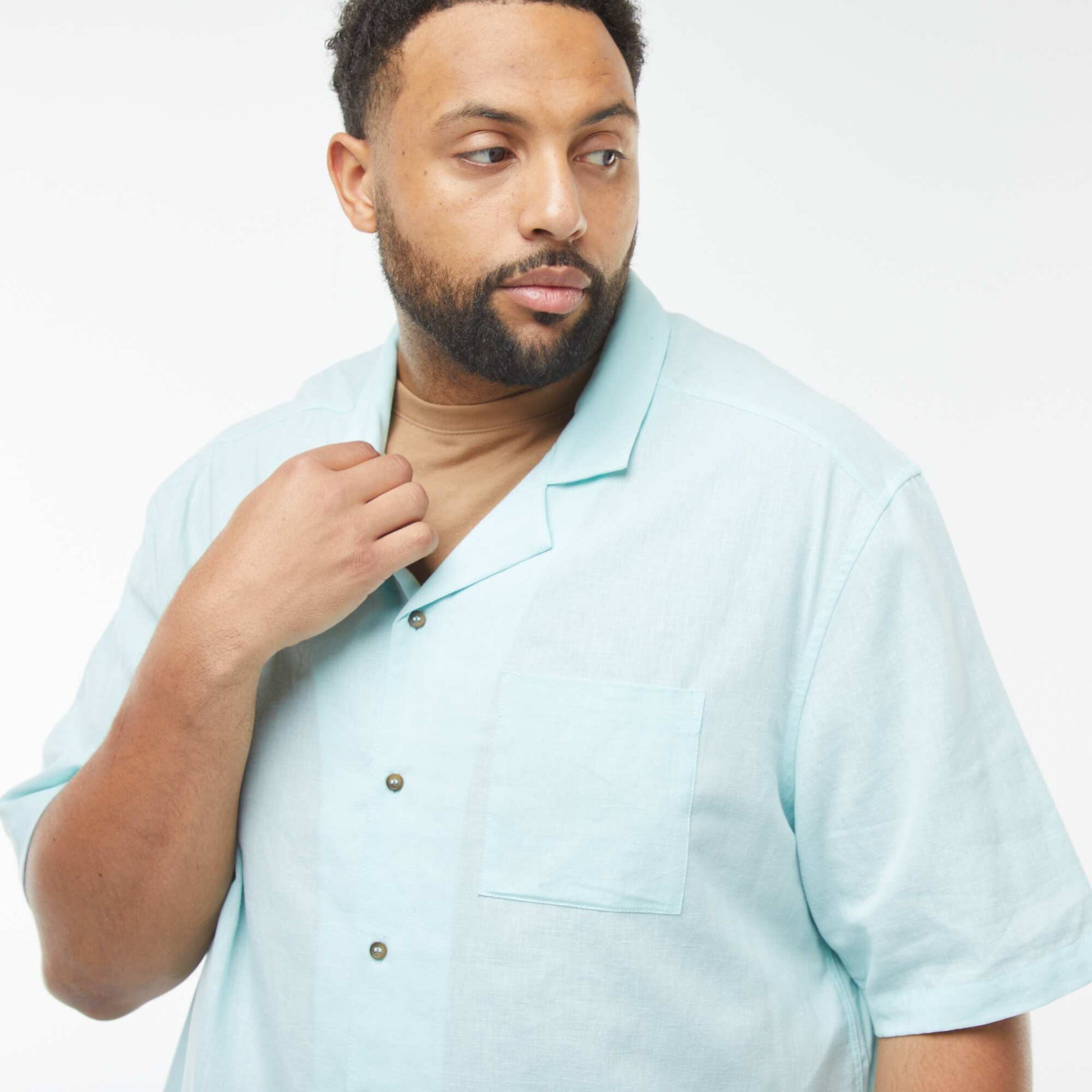 Short-sleeved linen-blend shirt BLUE